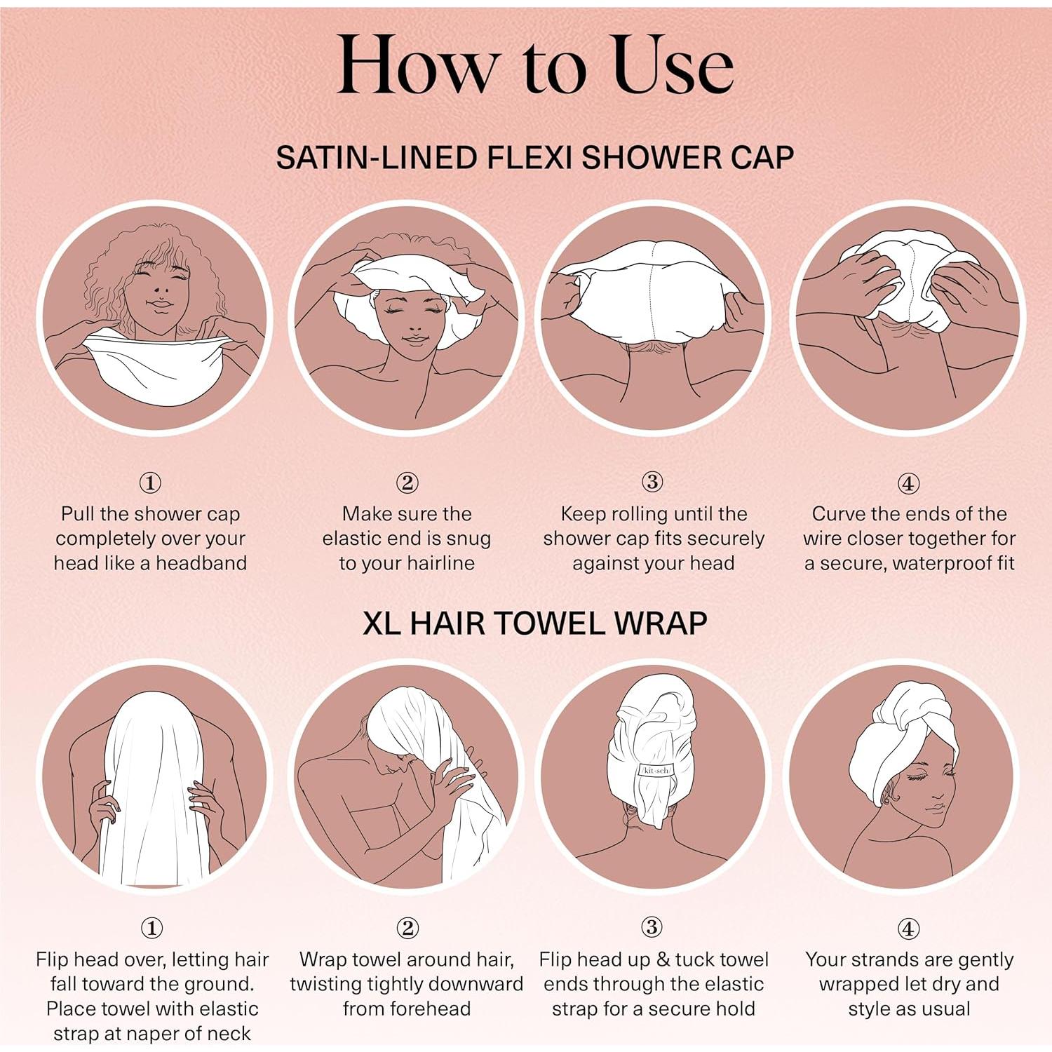 Set de Spa Kitsch 2PC: Gorro Ducha Satén y Toalla Microfibra XL