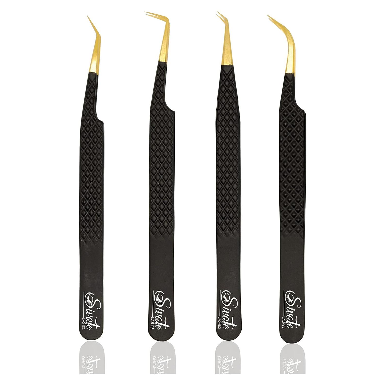 Pinzas de Punta de Fibra SIVOTE Juego de 4 para Pestañas