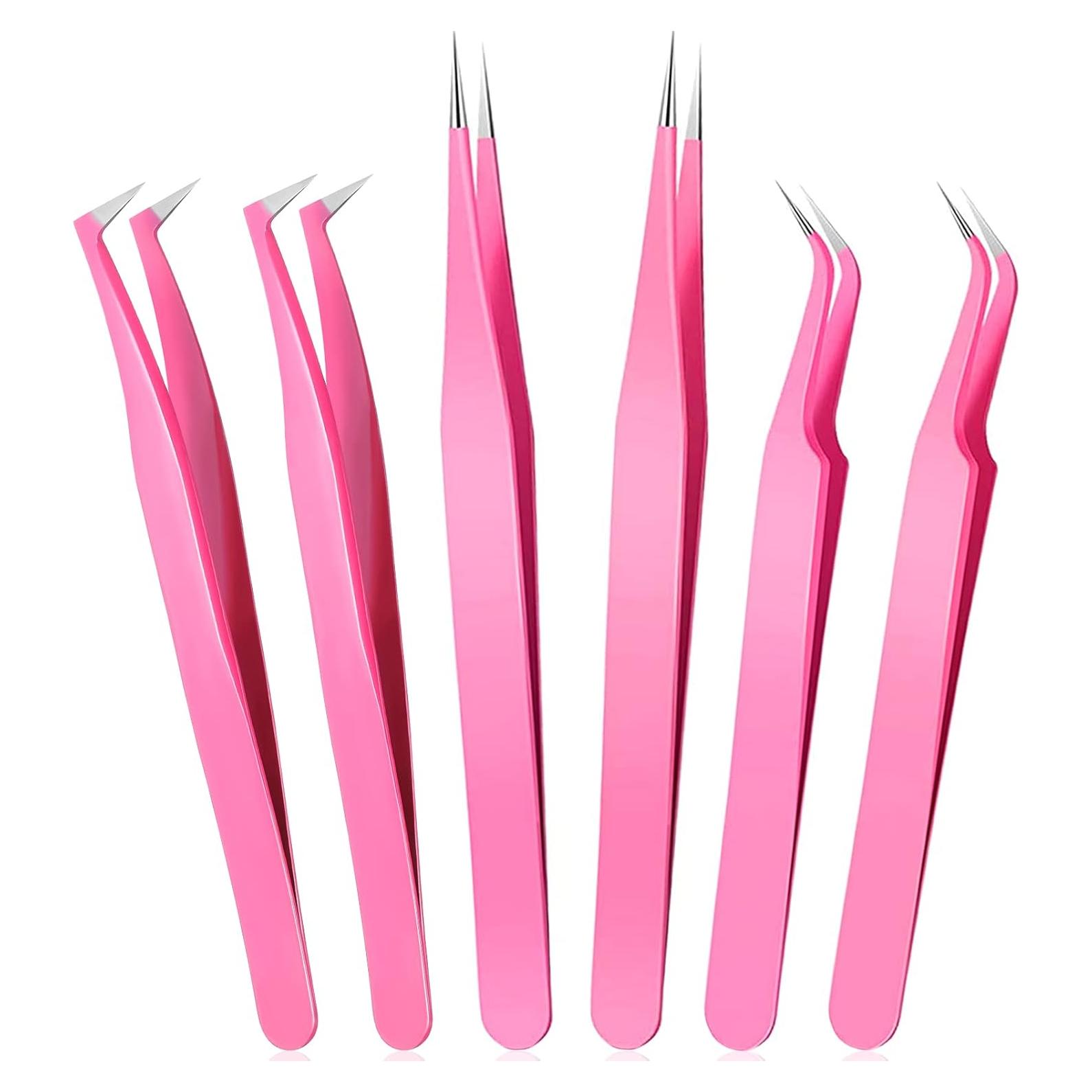 Juego de Pinzas para Pestañas Mudder 6 Piezas Acero Inoxidable Rosa