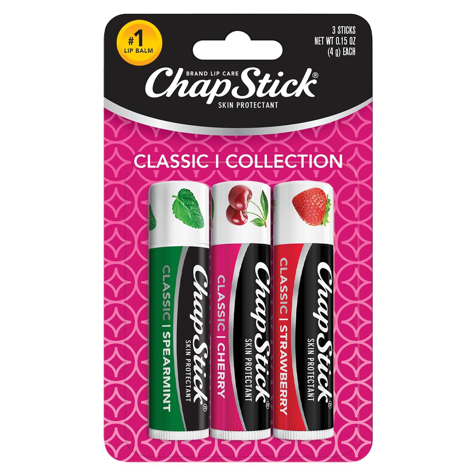Set de Balsamos Labiales ChapStick Clásicos 3-Pack - Menta, Cereza, Fresa
