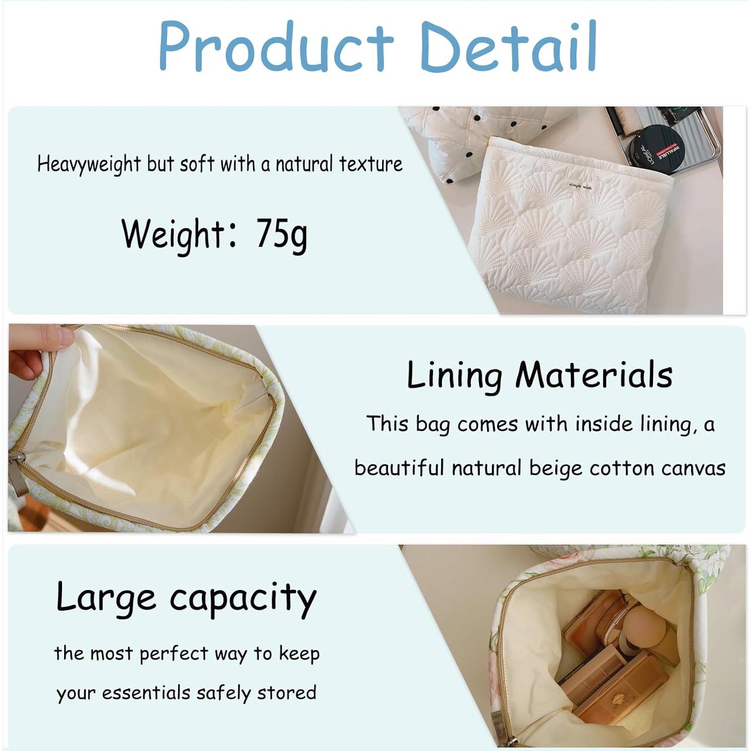 Bolsa de Maquillaje Acolchada Uekeboag 26.9x21.8cm Blanca Floral