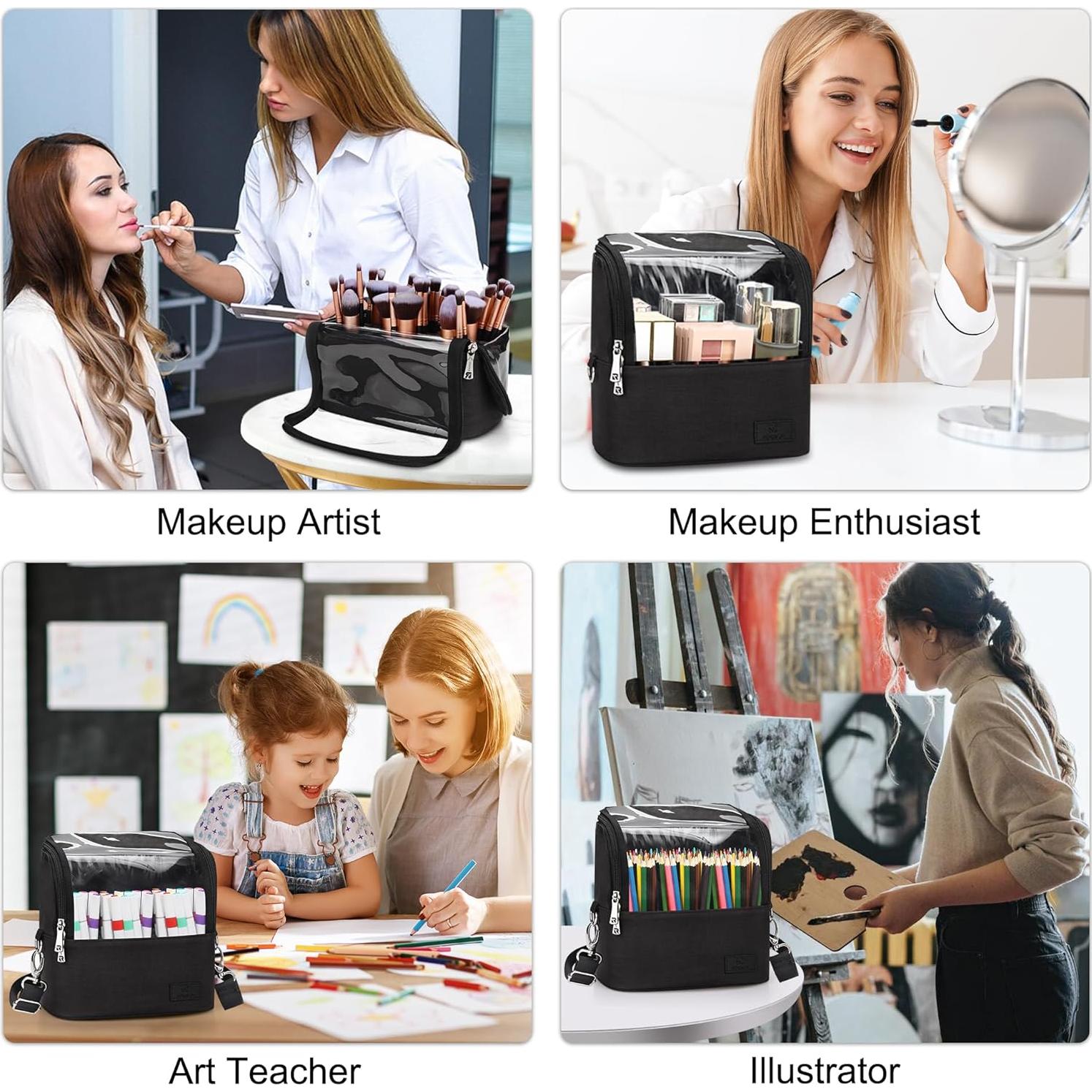 Estuche para Brochas de Maquillaje Grande Negro con Divisores Ajustables