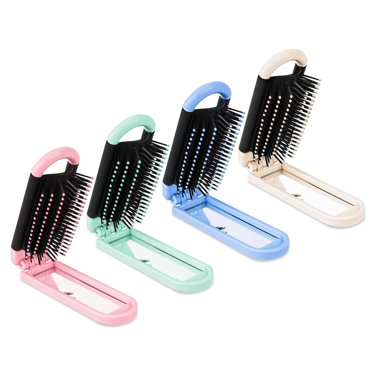 4 Cepillos de Viaje Plegables Compactos con Espejo - Colores Variados
