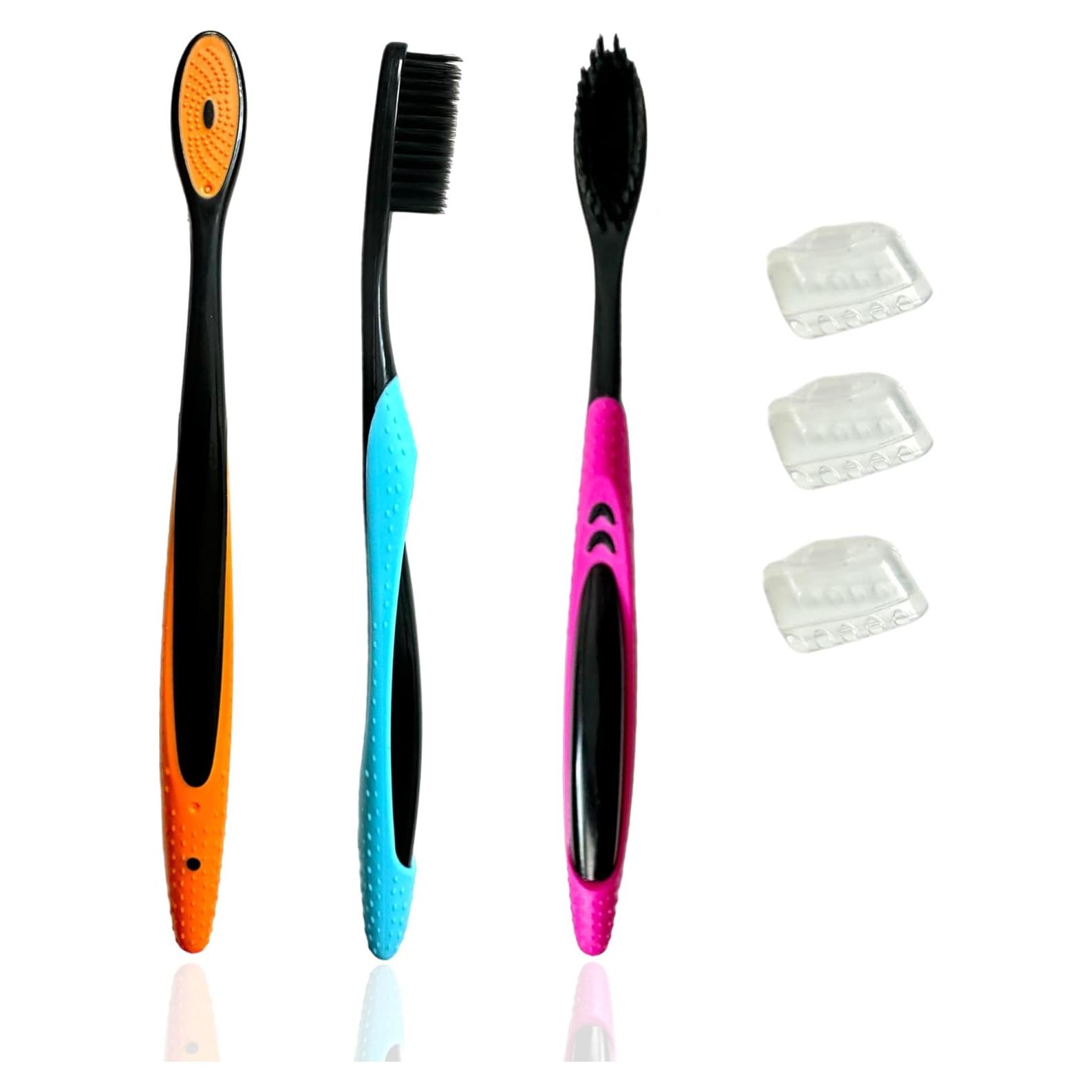 Cepillo de Dientes Suave ALAZCO 3 Piezas Cerdas Negras y Neón