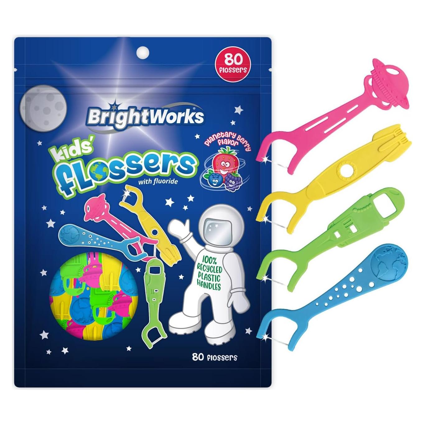 Hilo Dental Espacial BrightWorks para Niños - 240 Palillos Sabor Frutas Mixtas