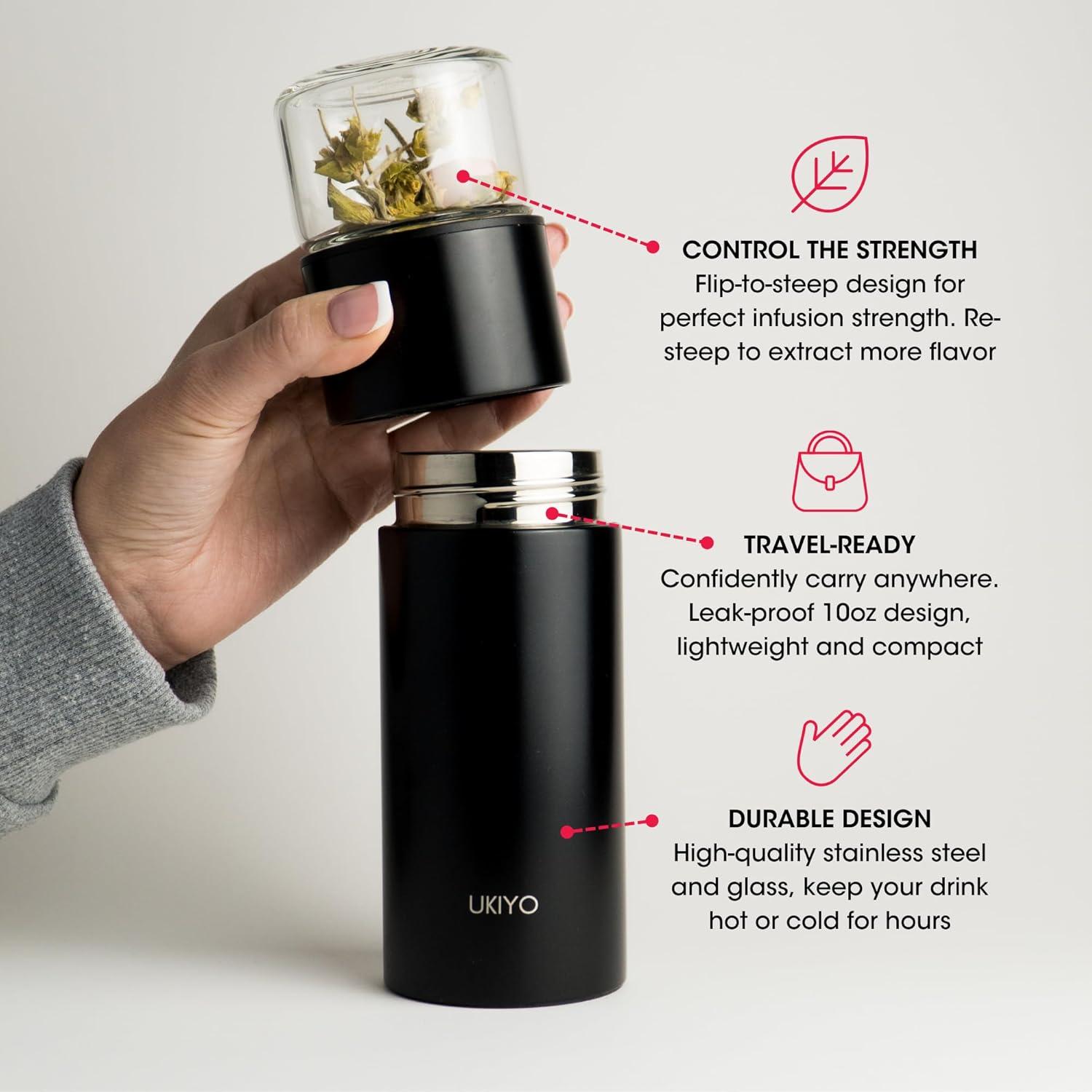 Botella Infusora de Té Ukiyo Steel 0.3L Acero Inoxidable y Vidrio