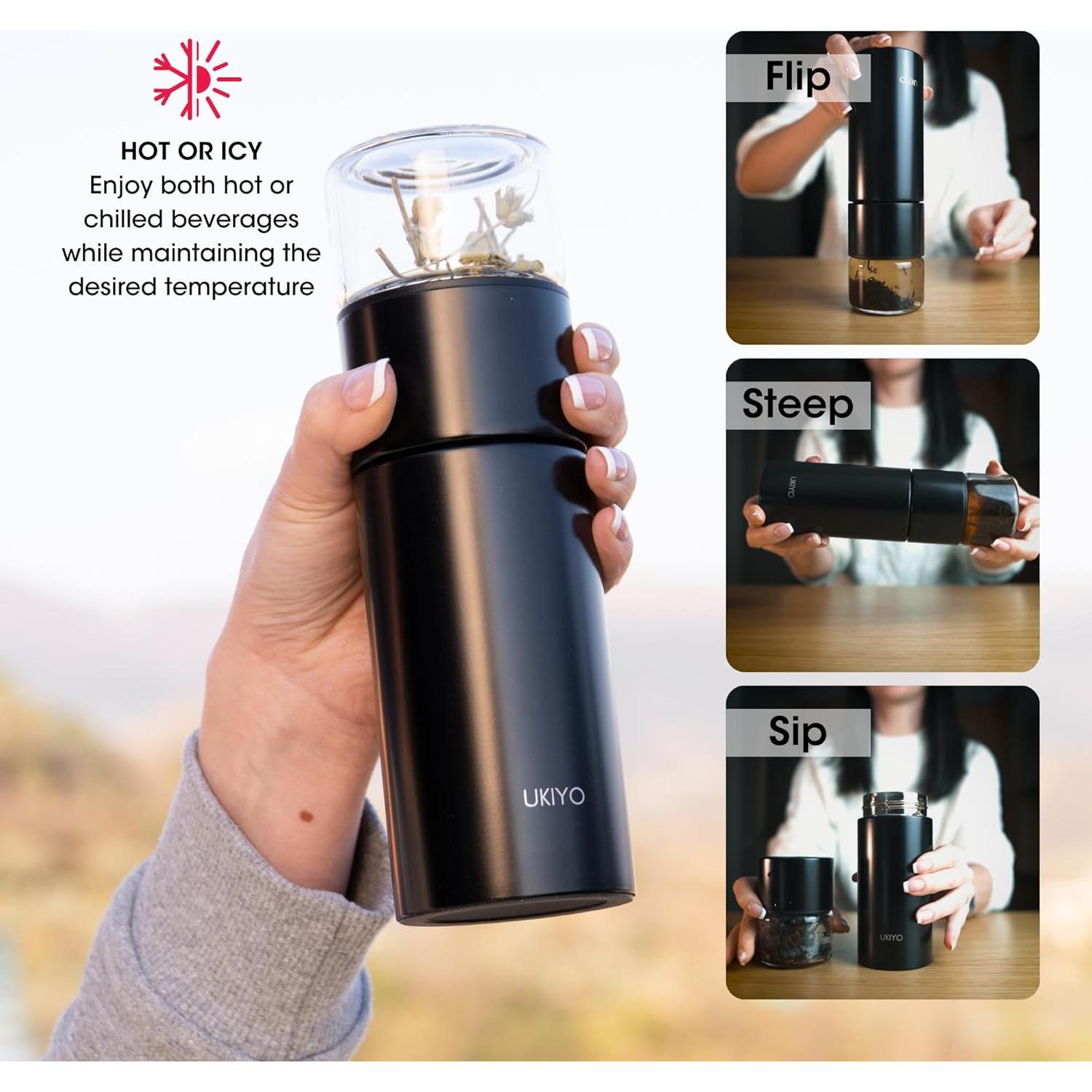 Botella Infusora de Té Ukiyo Steel 0.3L Acero Inoxidable y Vidrio