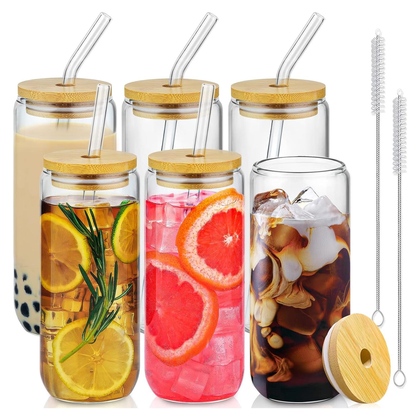 Set de 6 Vasos de Vidrio 20 Oz con Tapas de Bambú y Popotes