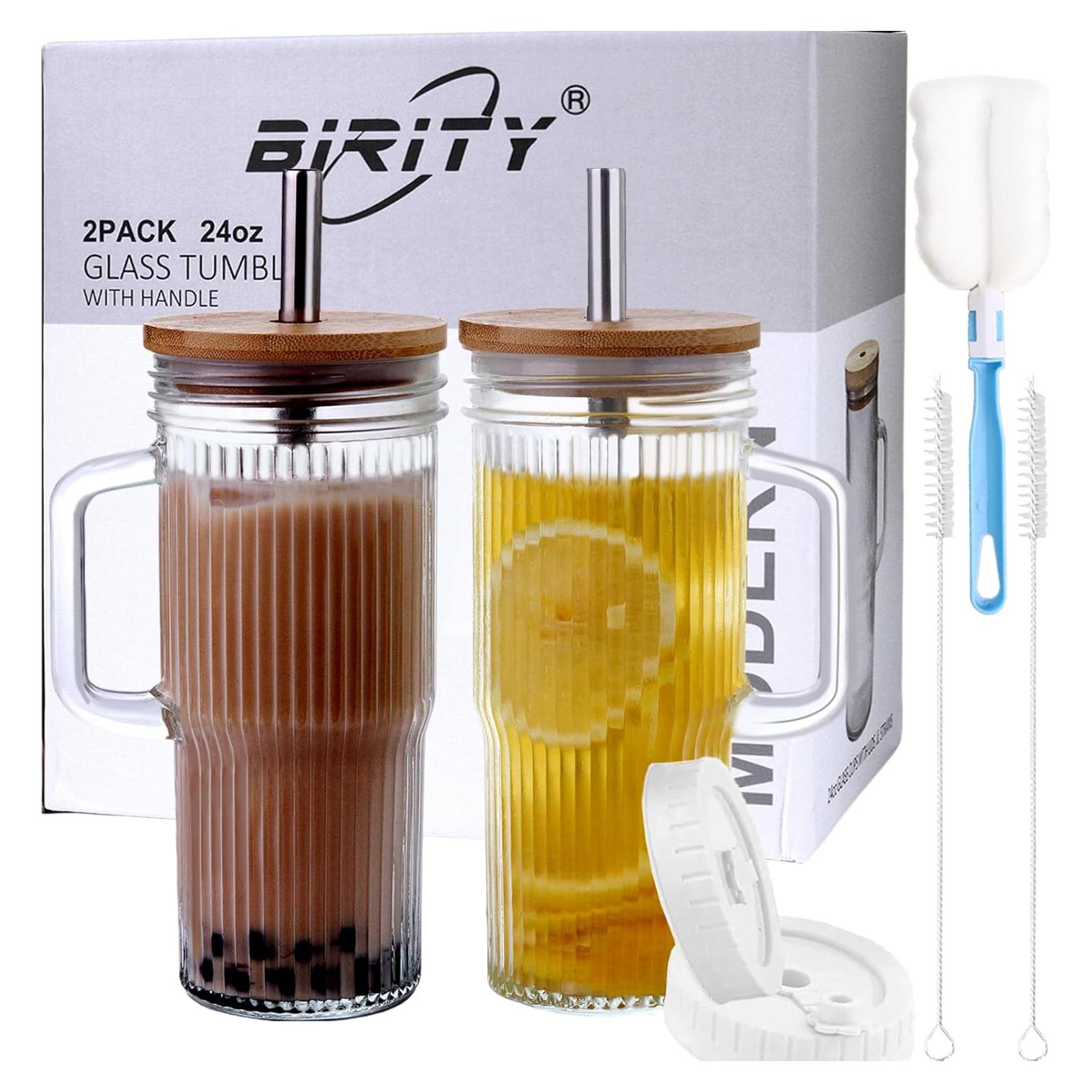 Taza de vidrio estriada Birity 24oz con tapa y popote - 2 Pack