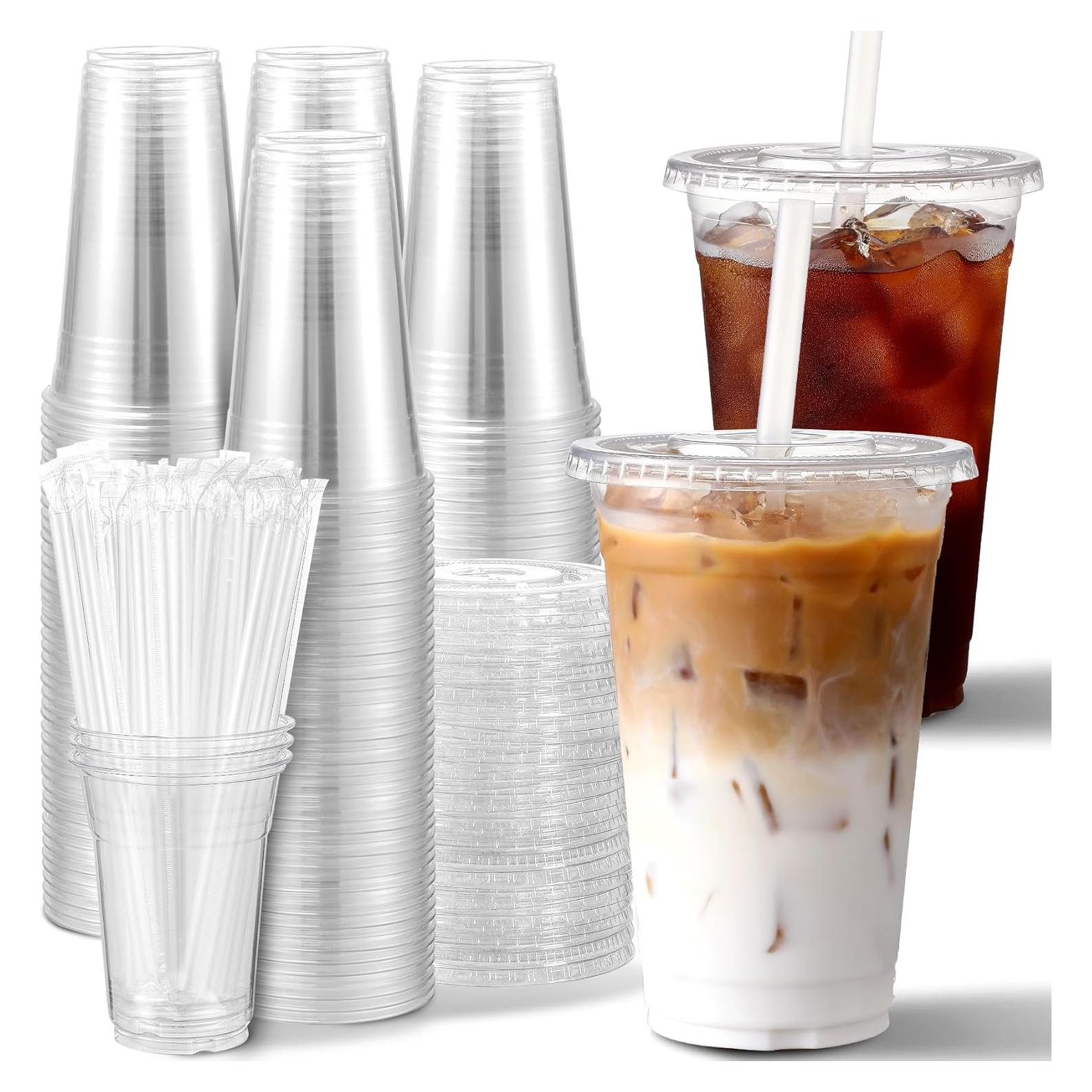 AOZITA 100 Vasos de Plástico 16 Oz con Tapas y Pajitas