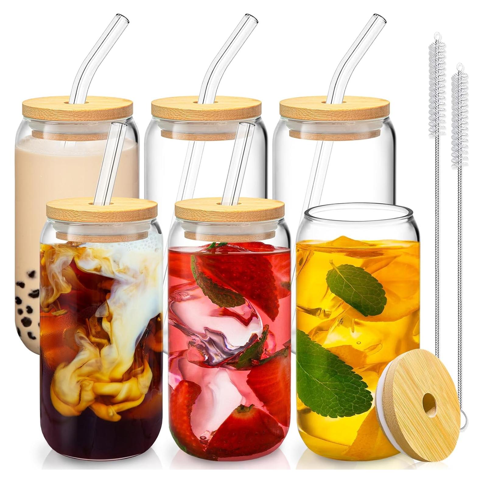 Juego de 6 Vasos de Vidrio 16 Oz con Tapas de Bambú y Pajitas