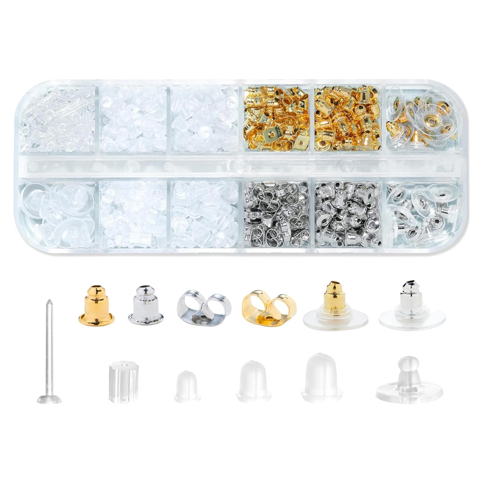 12 Styles 600 Pcs Earring Backs for Studs, Clear Plastic Earrings Hypoallergenic Metal Rubber Silicone Earring Backs Bullet Clutch Stoppers Replacement Kits for Fish Hook Earring Studs Hoops