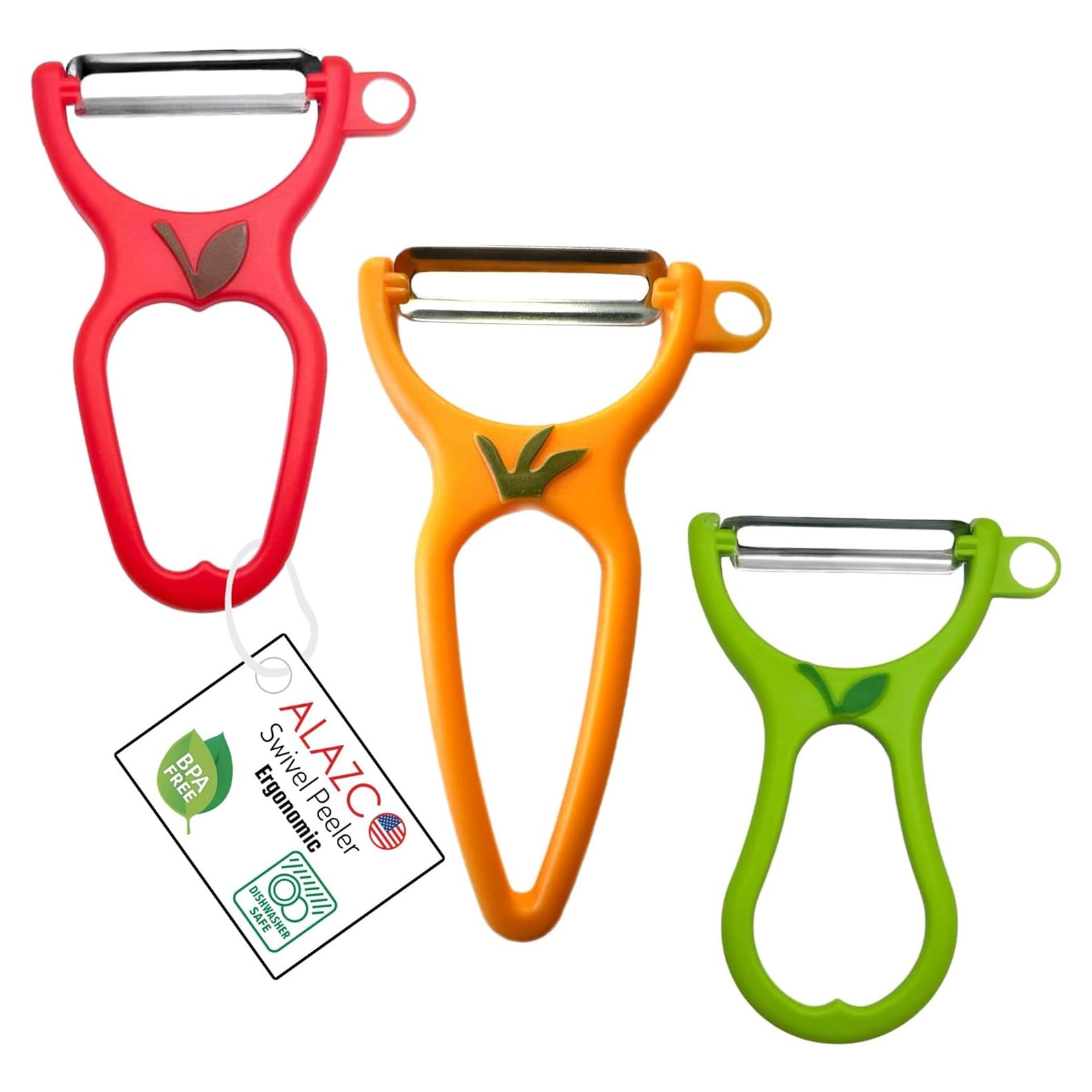 Paquete de 3 Peladores Ergonómicos ALAZCO de Acero Sin BPA