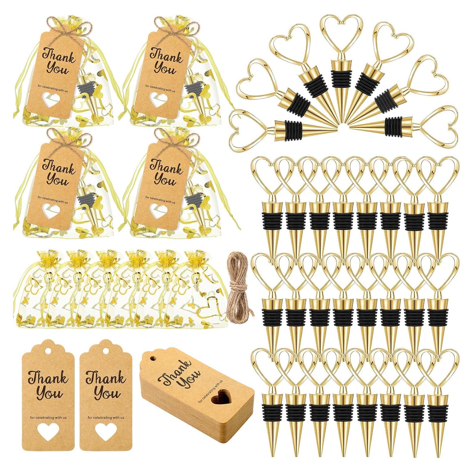 Buryeah 60 Tapones de Vino Corazón Dorado con Bolsas y Etiquetas