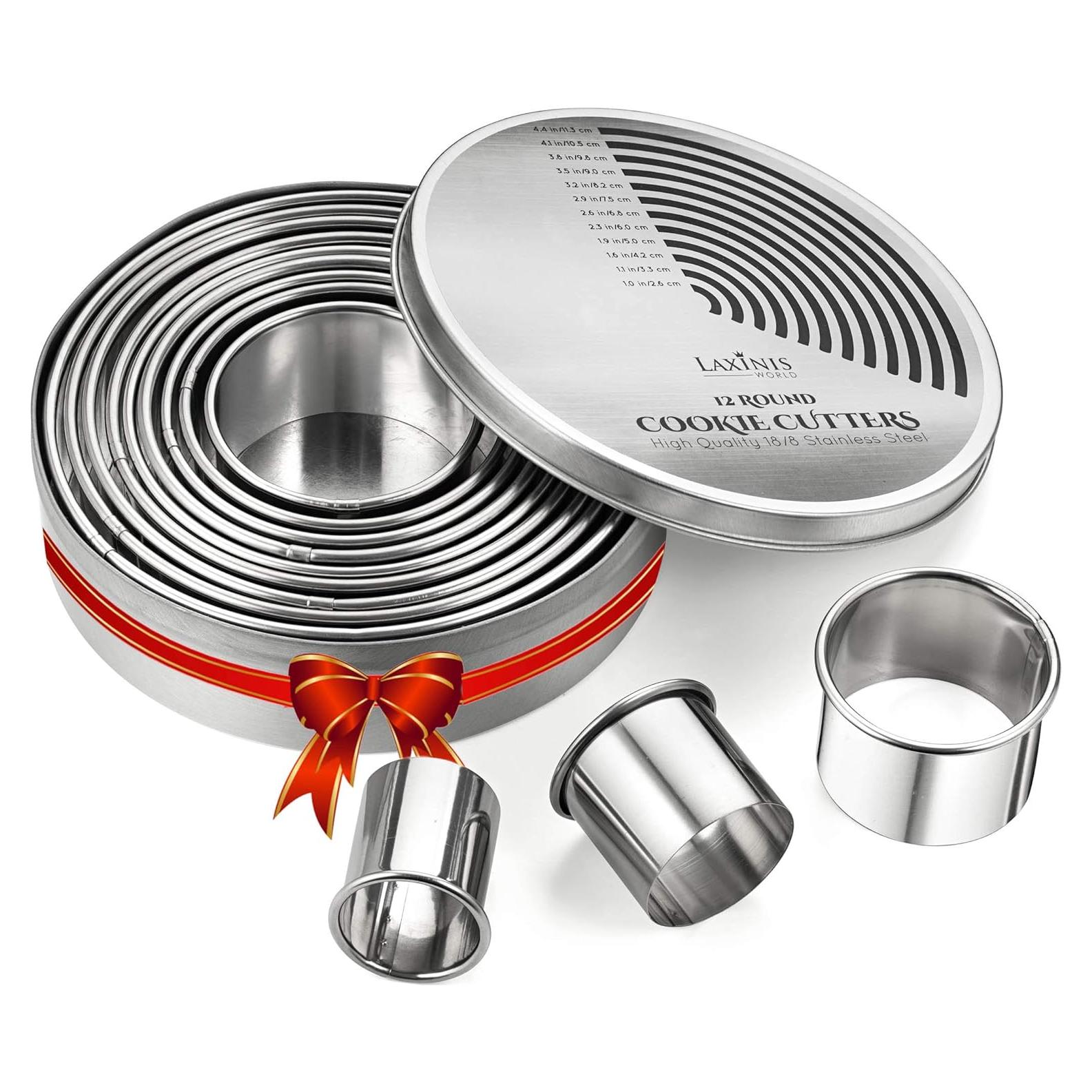Juego de Cortadores de Galletas Redondos Laxinis World, 12 Piezas Acero Inoxidable