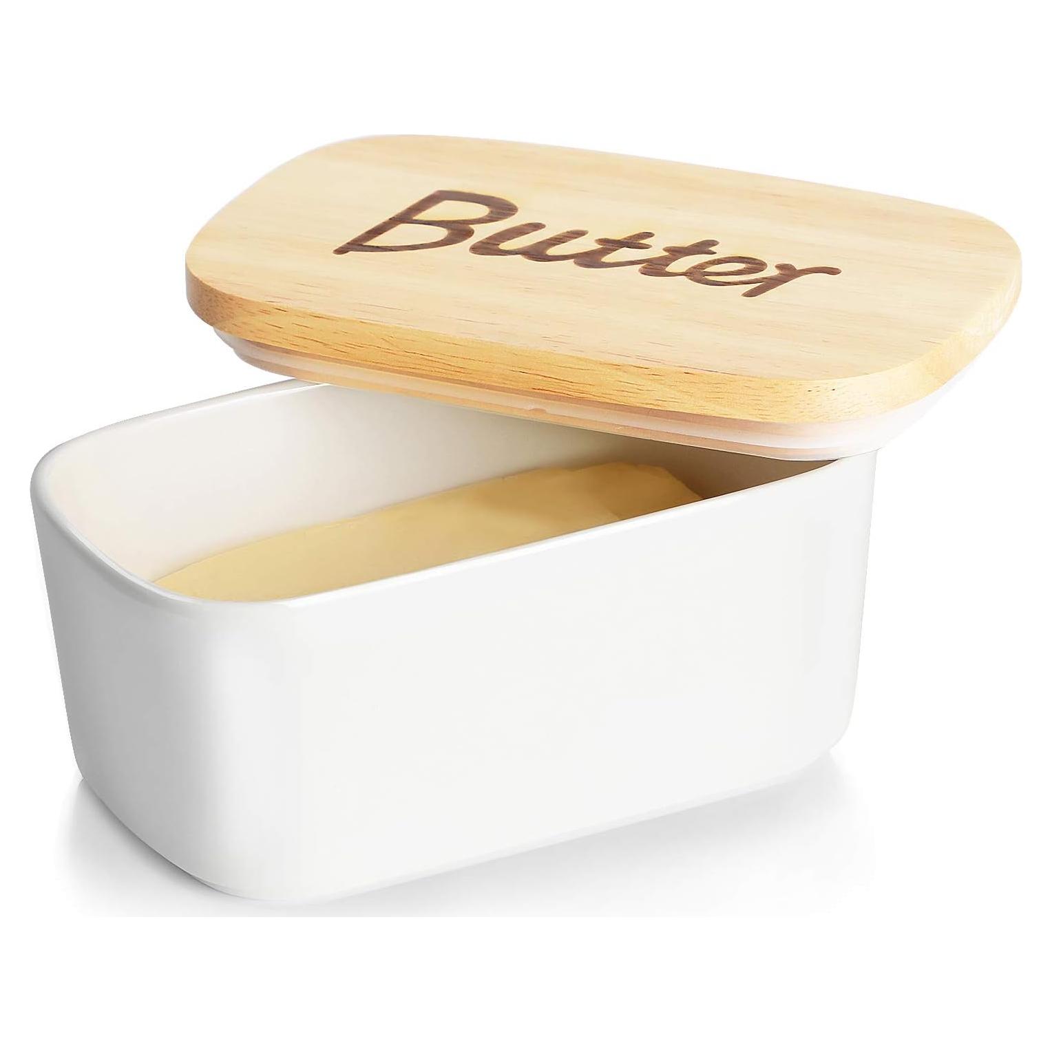 Plato de Mantequilla GDCZ Cerámica con Tapa de Madera - Blanco