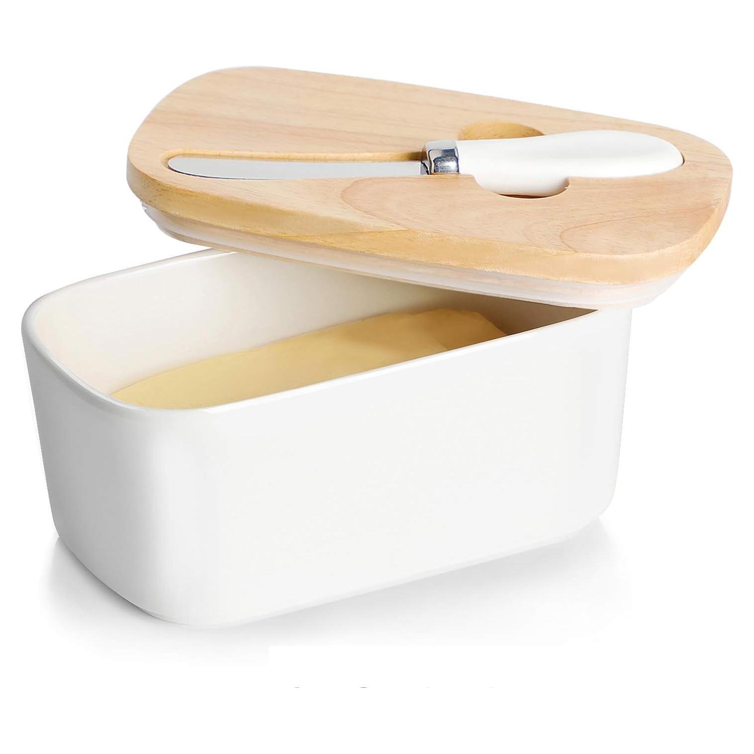 Plato de Mantequilla GDCZ Cerámico con Tapa de Madera 650ml