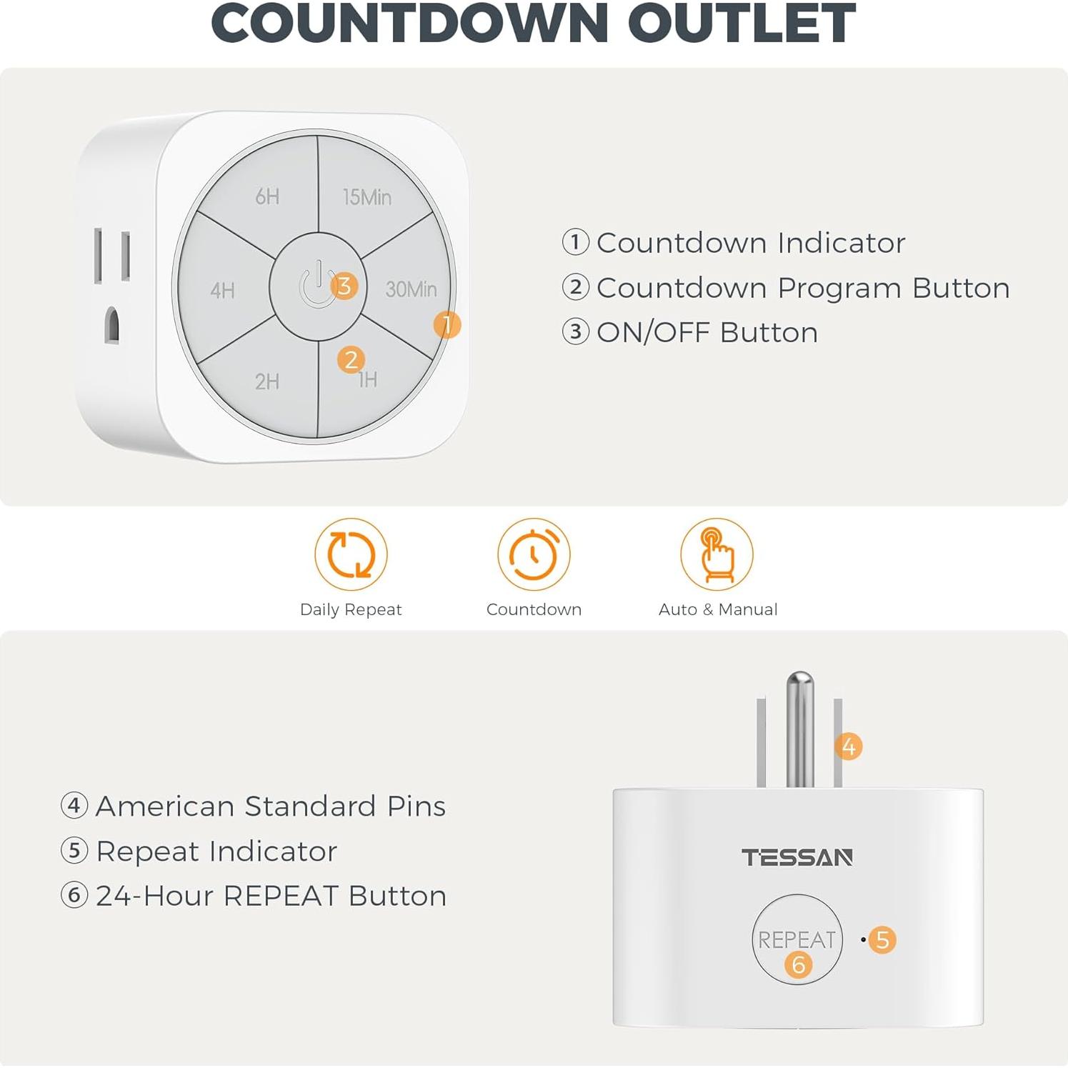 Temporizador de Enchufe TESSAN 6H para Luces y Electrodomésticos