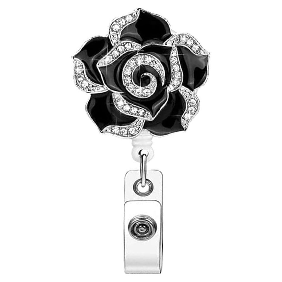 Portatarjetas Retráctil Sluswallow Negro con Flor Rosa Brillante