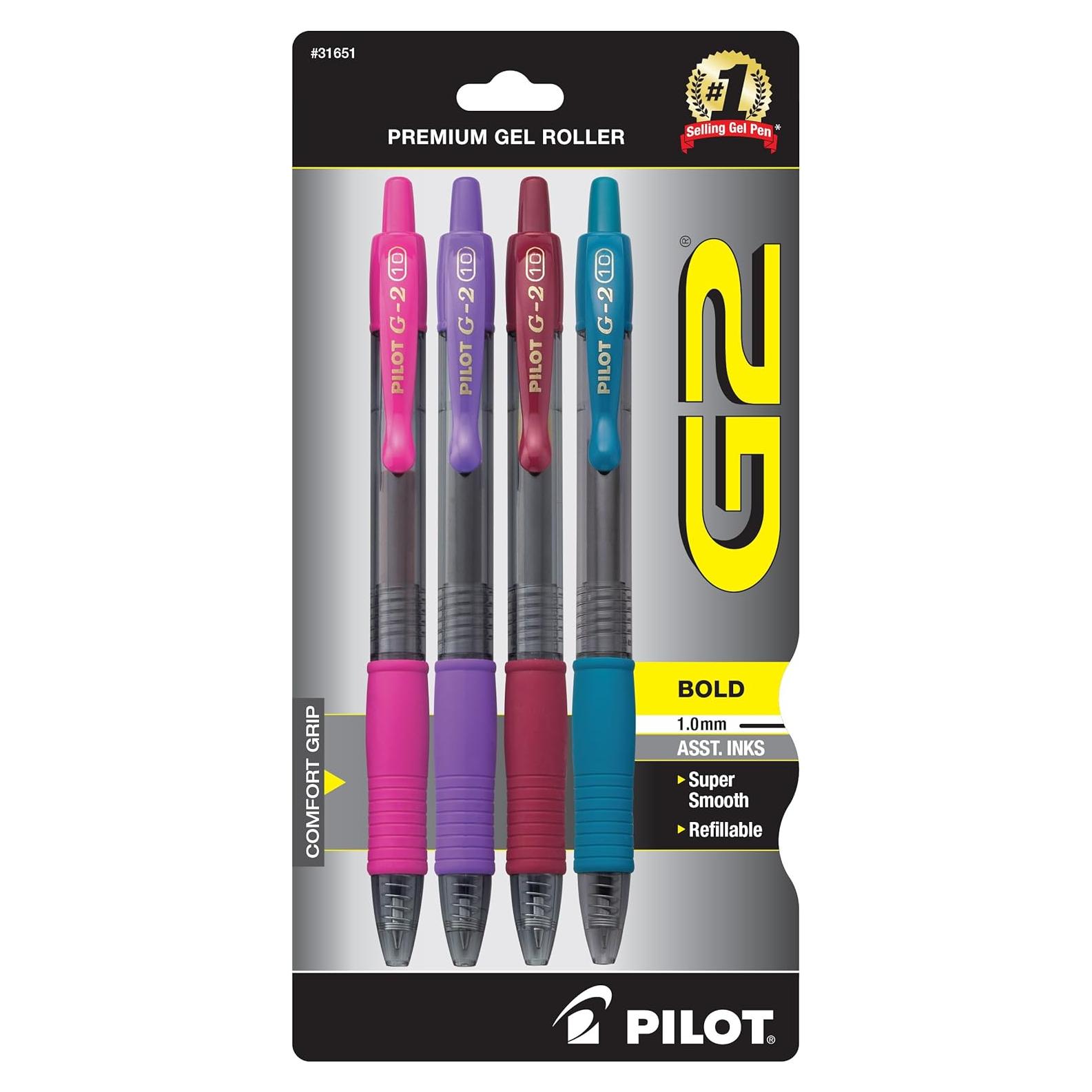 Bolígrafos de Gel Pilot G2, Punta Gruesa 1 mm, Paquete de 4 Colores