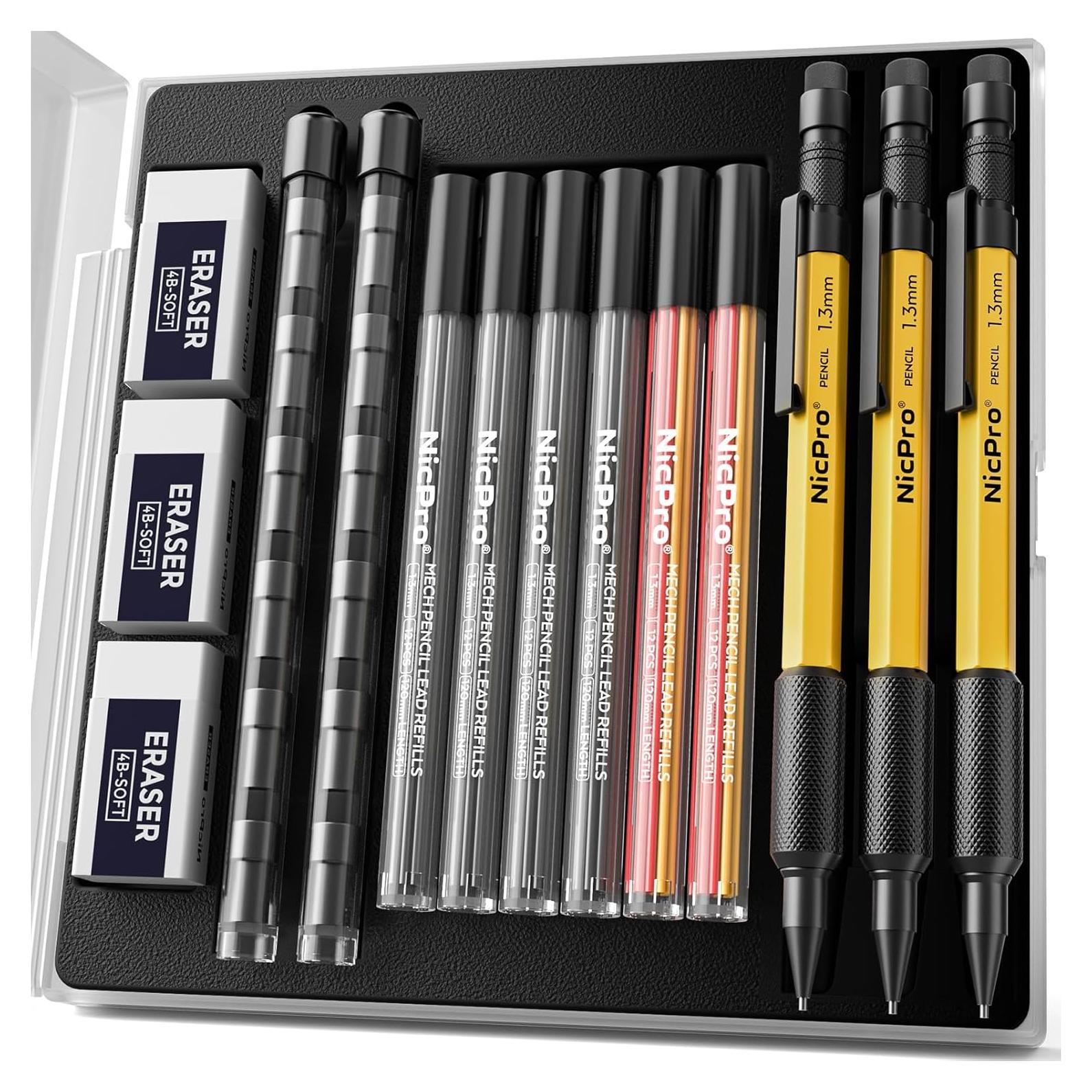 Conjunto de Lápices Mecánicos Nicpro 3 PCS 1.3 mm con 72 Recargas