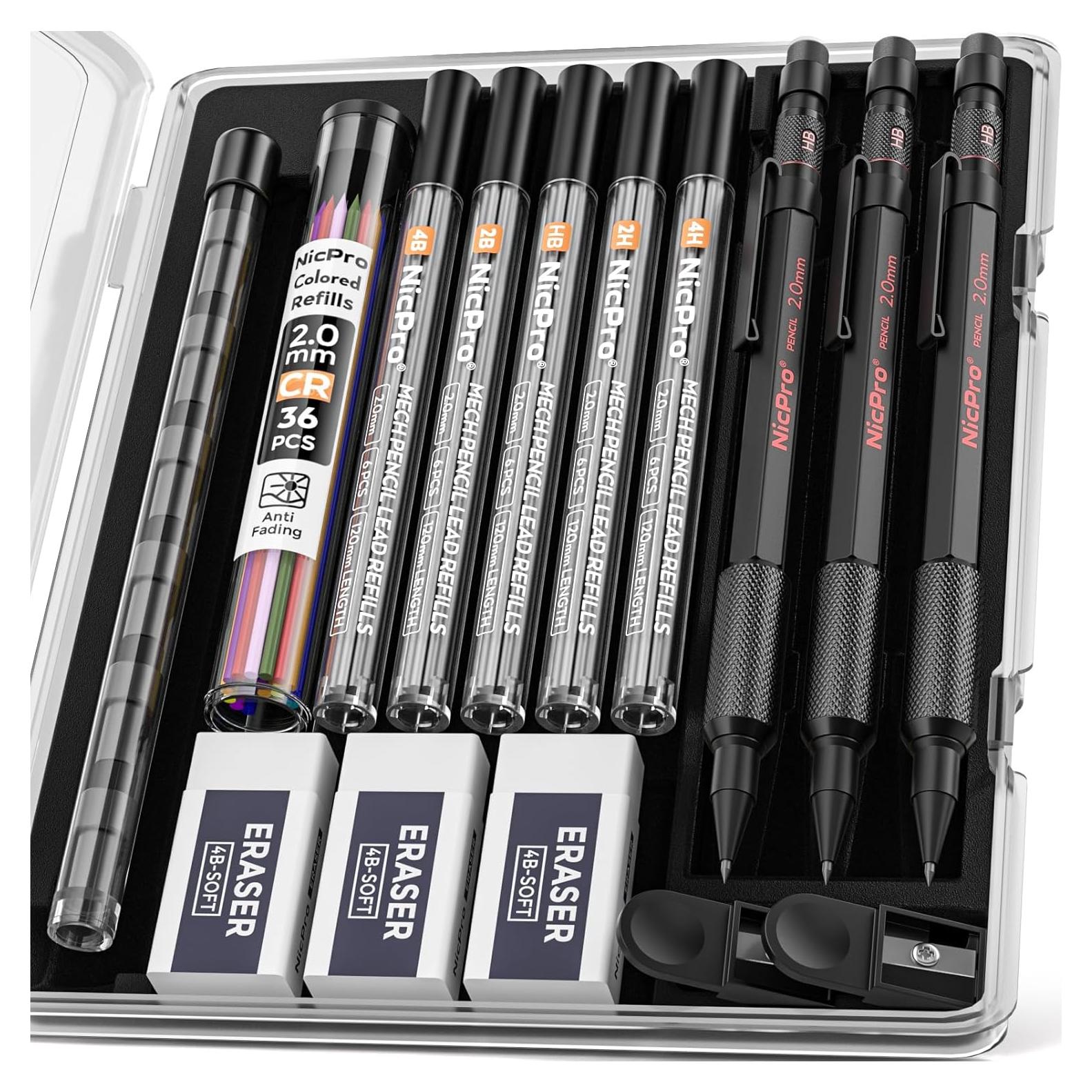 Conjunto de 3 Lápices Mecánicos Nicpro 2mm con Estuche y Minas