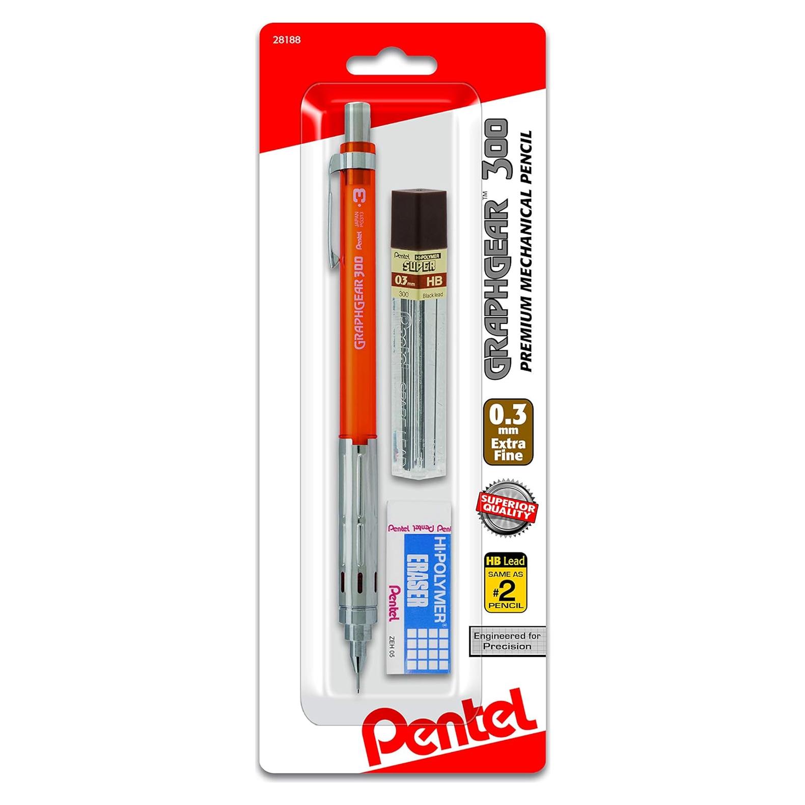 Lápiz Mecánico Pentel GraphGear 300 0.3mm Naranja con Borrador