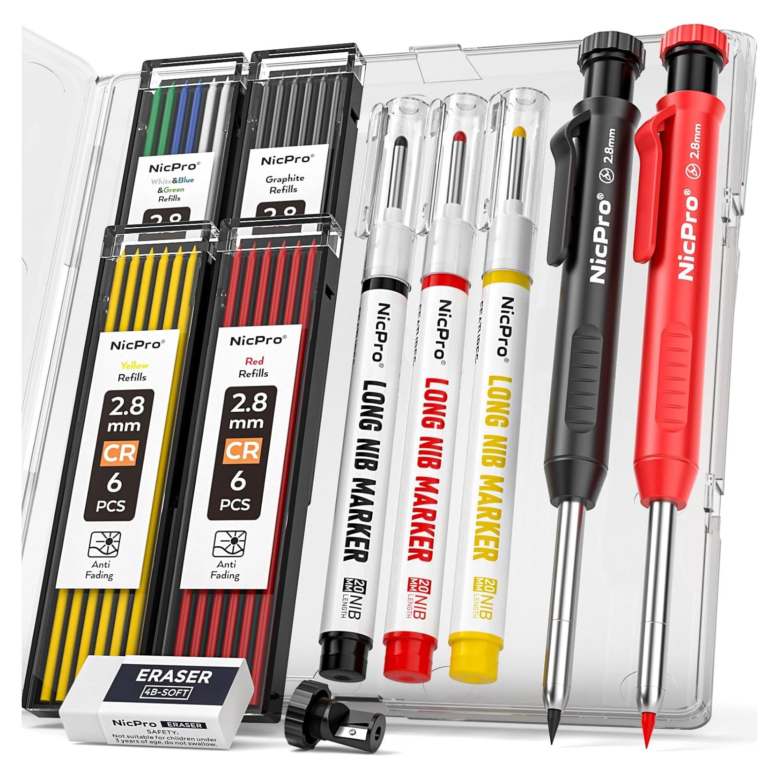 Nicpro Lápiz de Carpintero Mecánico 2 Pack con Sacapuntas y 26 Recargas