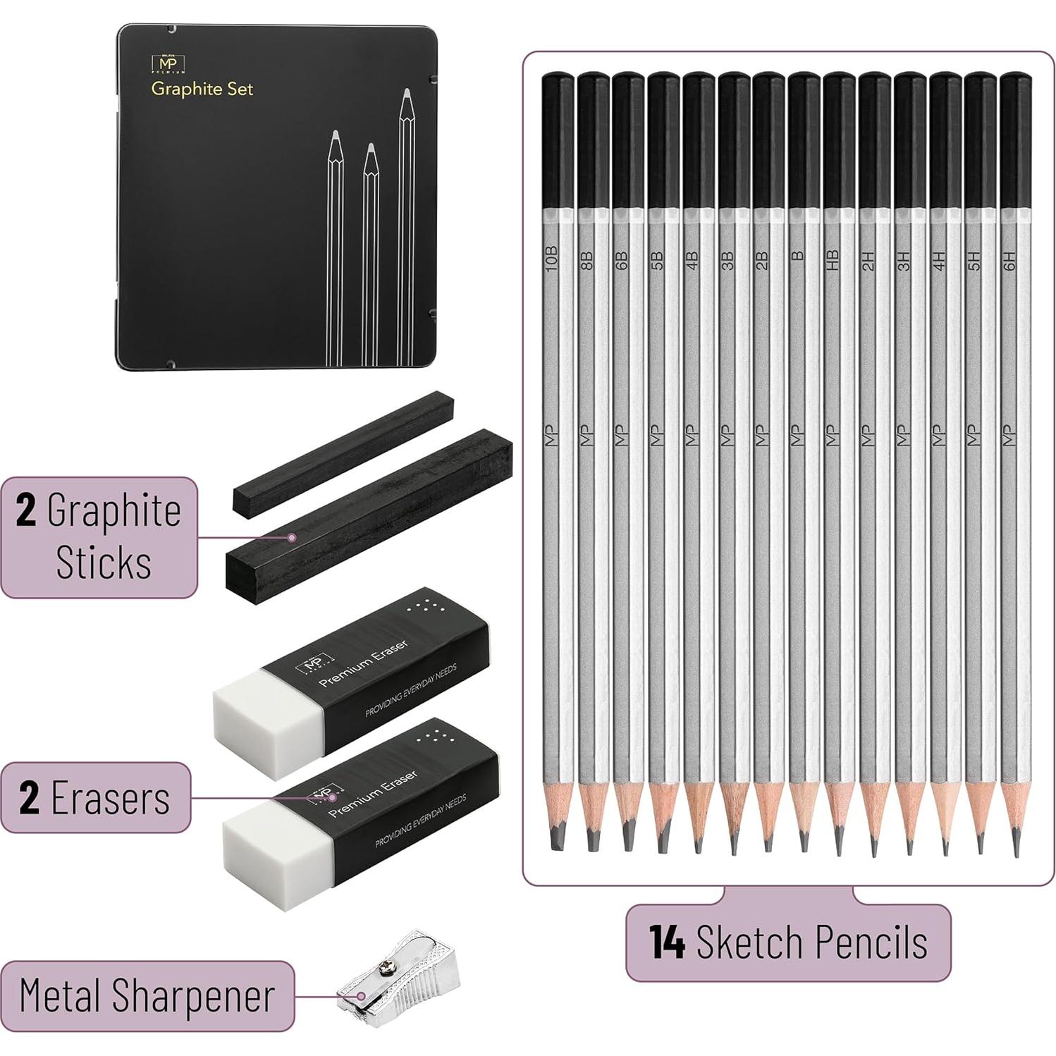 Lápices de Dibujo Mr. Pen 19 Pcs con Borradores y Sacapuntas