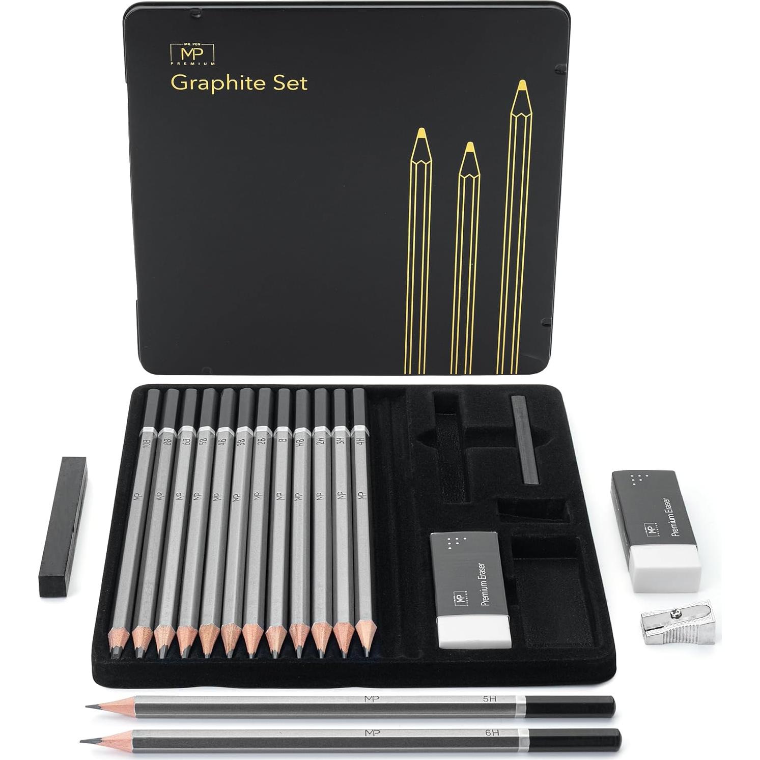 Lápices de Dibujo Mr. Pen 19 Pcs con Borradores y Sacapuntas