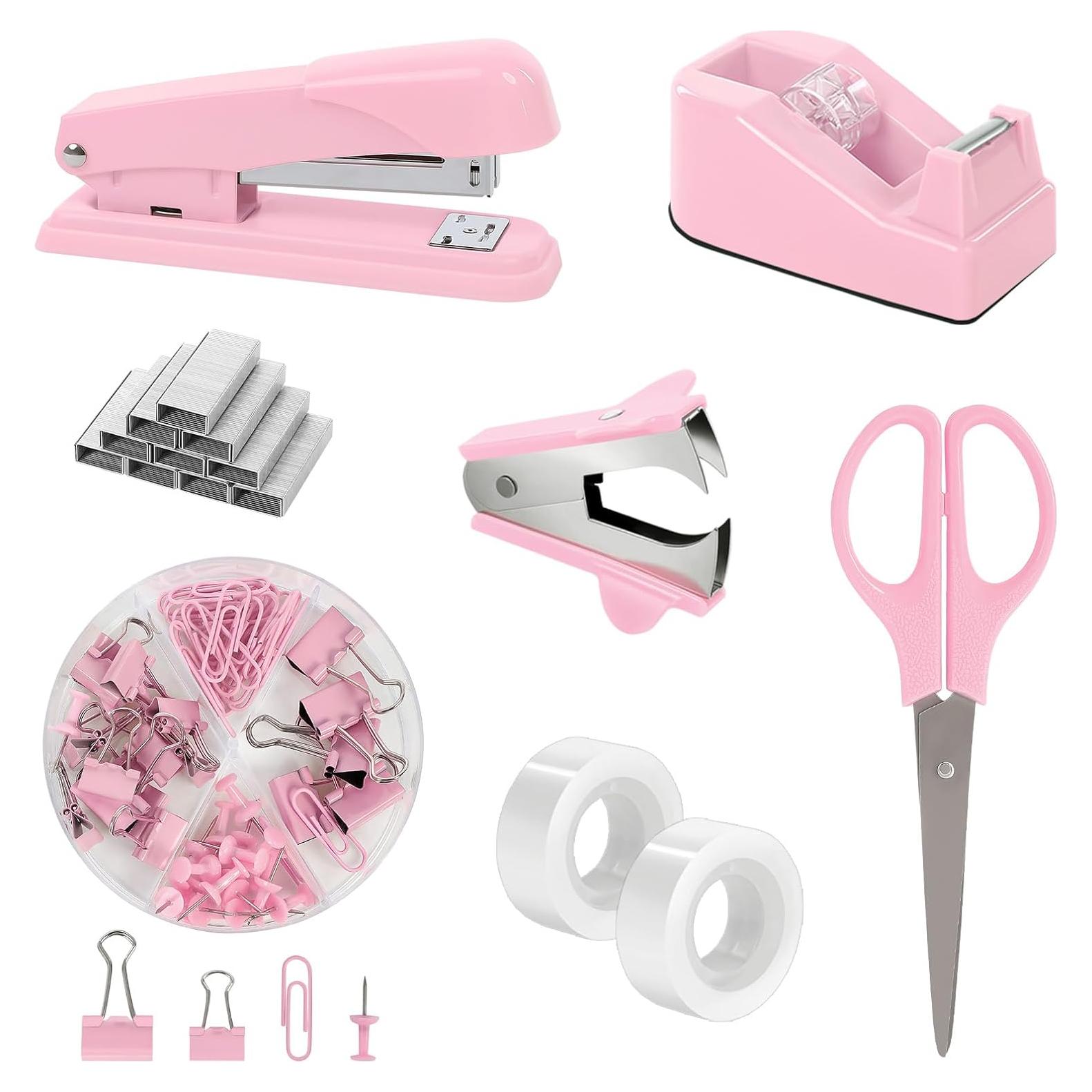 Juego de Suministros de Oficina SKYDUE Rosa - Grapadora, Tijeras y Clips