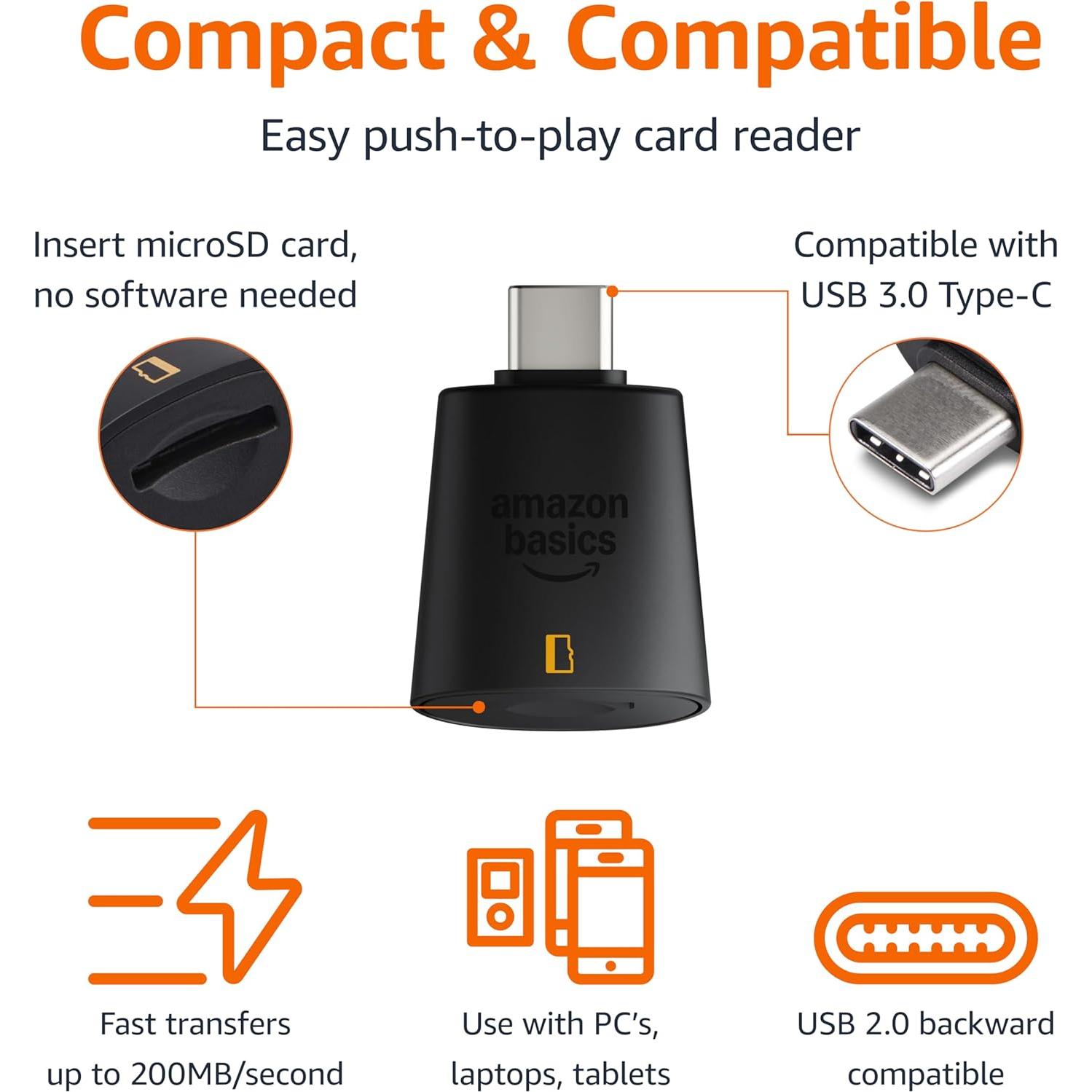 Lector de Tarjeta Micro SD Amazon Basics USB-C 3.0 200MB/s