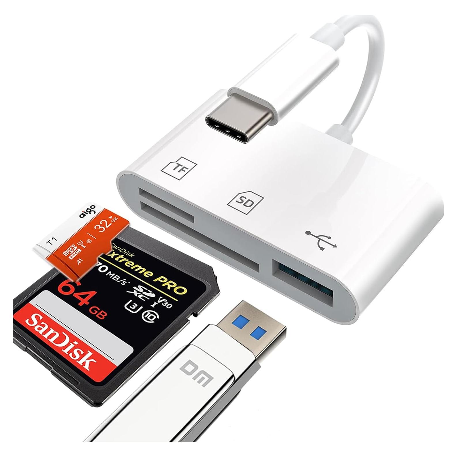 USB C SD Card Reader 3 in 1 Type C USB Camera Card Reader Adapter with SD Micro SD USB 3 Ports for iPhone 15 Pro Max, MacBook Pro/Air, Chromebook, Galaxy and More USB-C Device