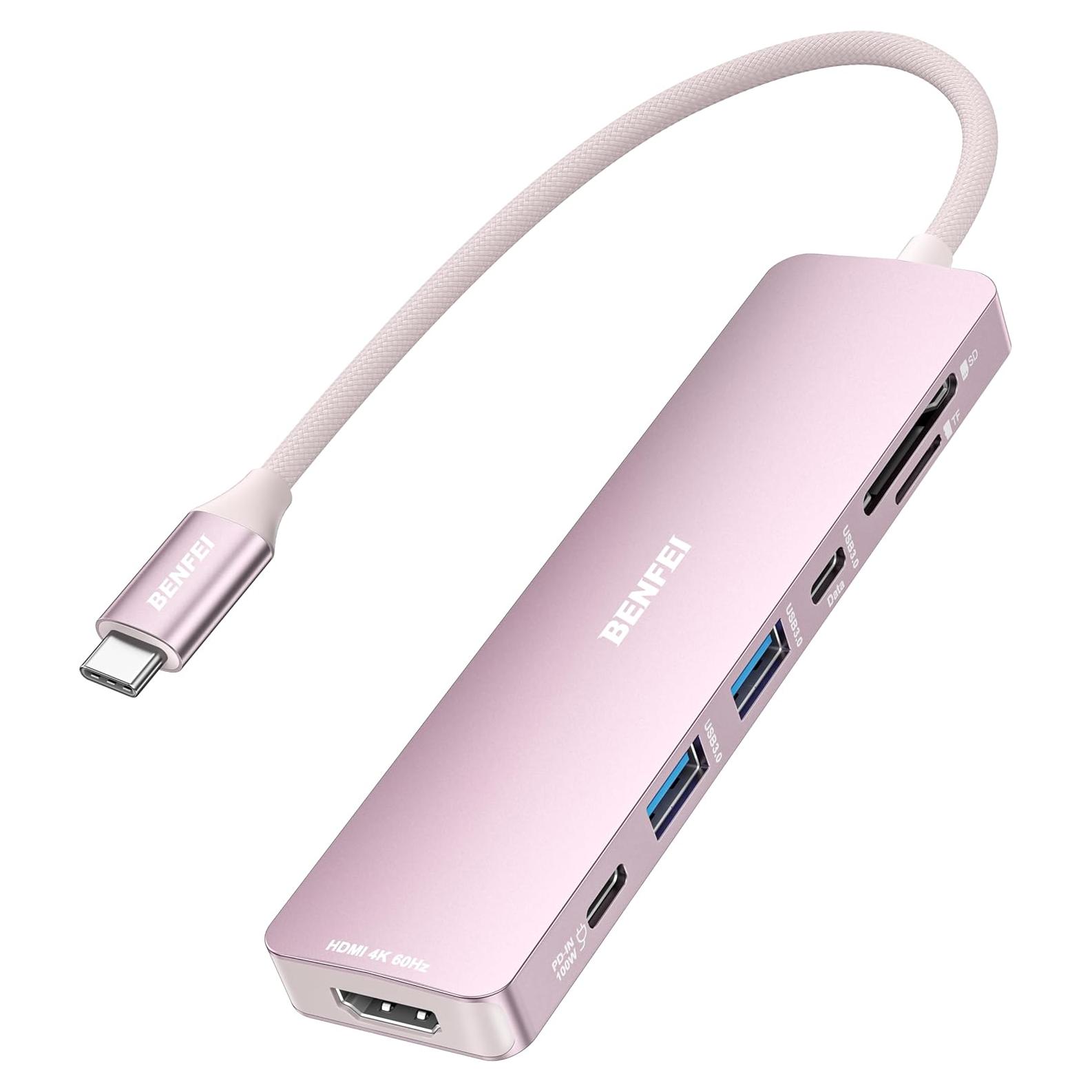 Hub USB-C 7-en-1 BENFEI HDMI 4K 100W Carga Rosa