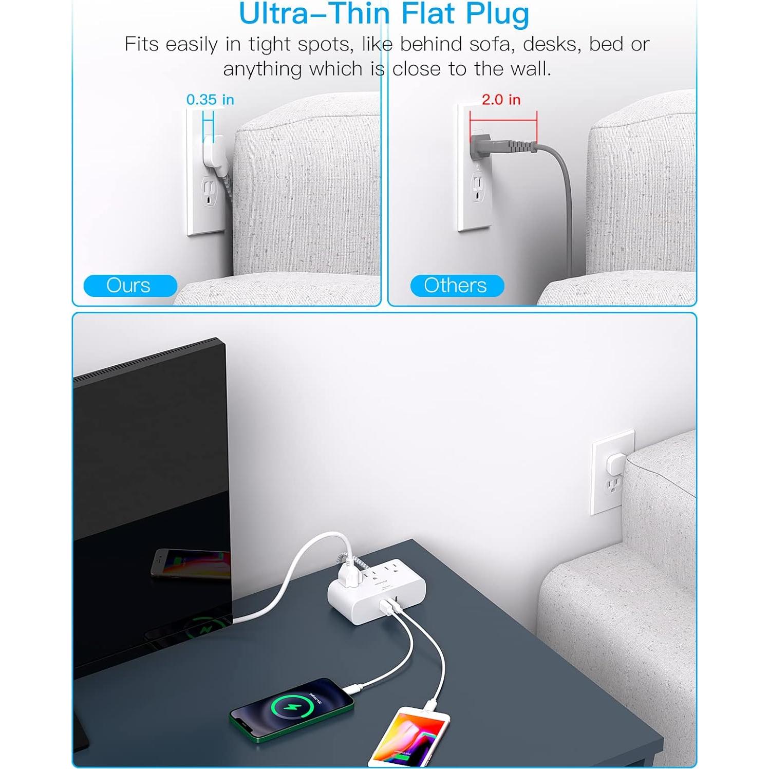 Regleta de Enchufes Planos HANYCONY 6 Pies 3 Salidas 3 USB