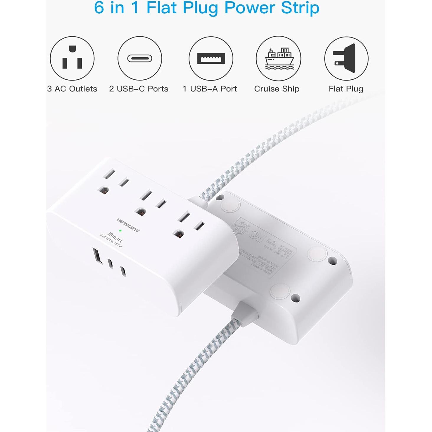 Regleta de Enchufes Planos HANYCONY 6 Pies 3 Salidas 3 USB