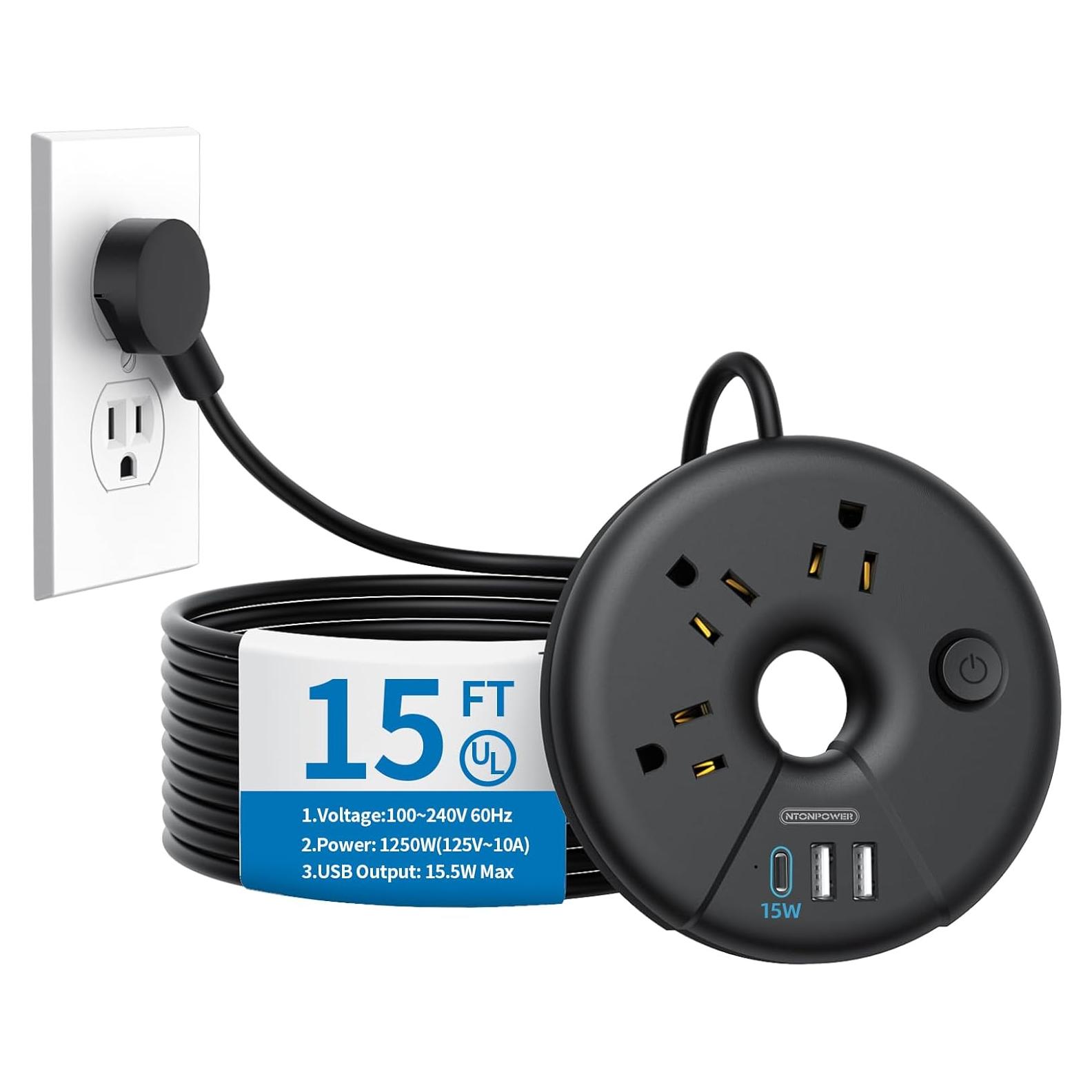 Regleta de Enchufes NTONPOWER 15FT con 3 Salidas y USB