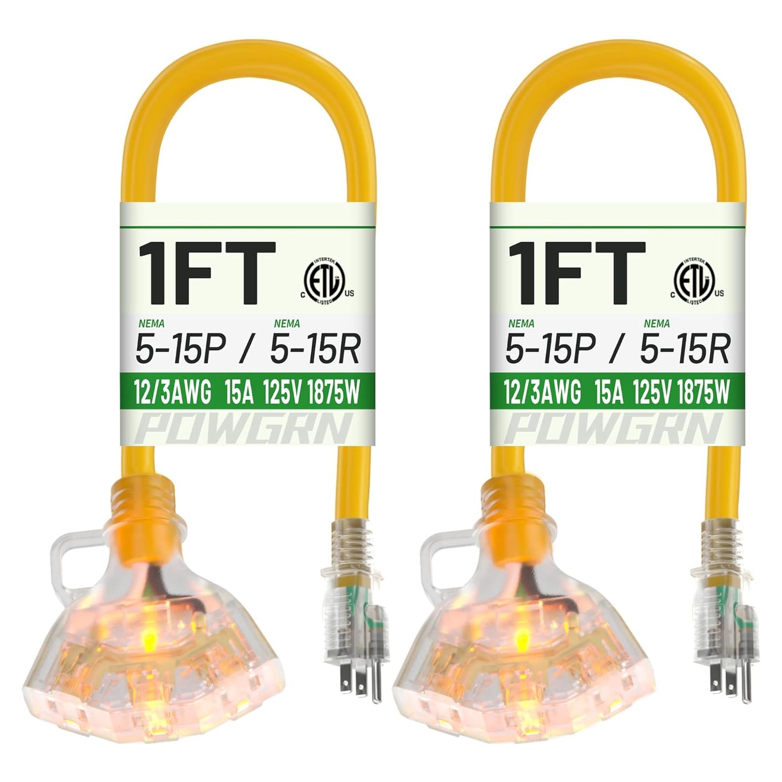 Cable de Extensión 12/3 POWGRN Amarillo 1 Pie 3 Salidas