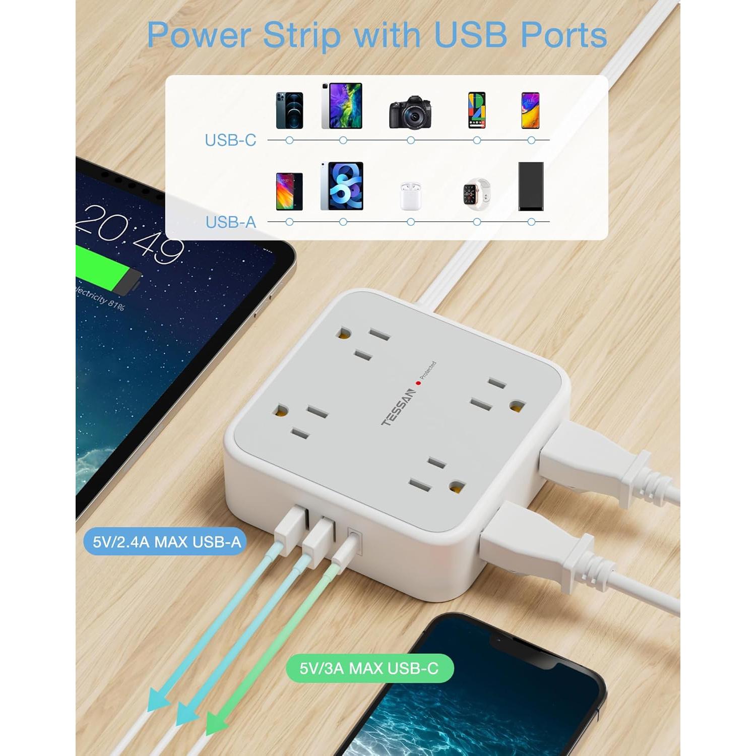 Regleta de Sobretensión TESSAN 10 Pies 8 Salidas 3 USB