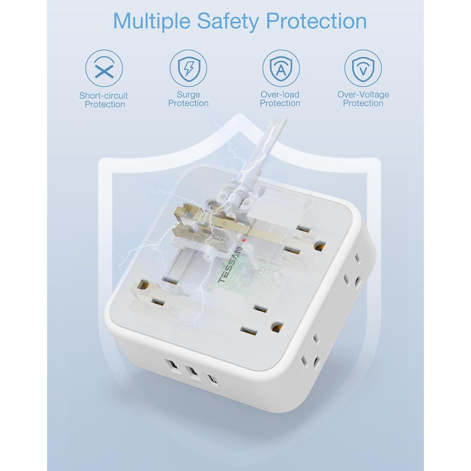 Regleta de Sobretensión TESSAN 10 Pies 8 Salidas 3 USB