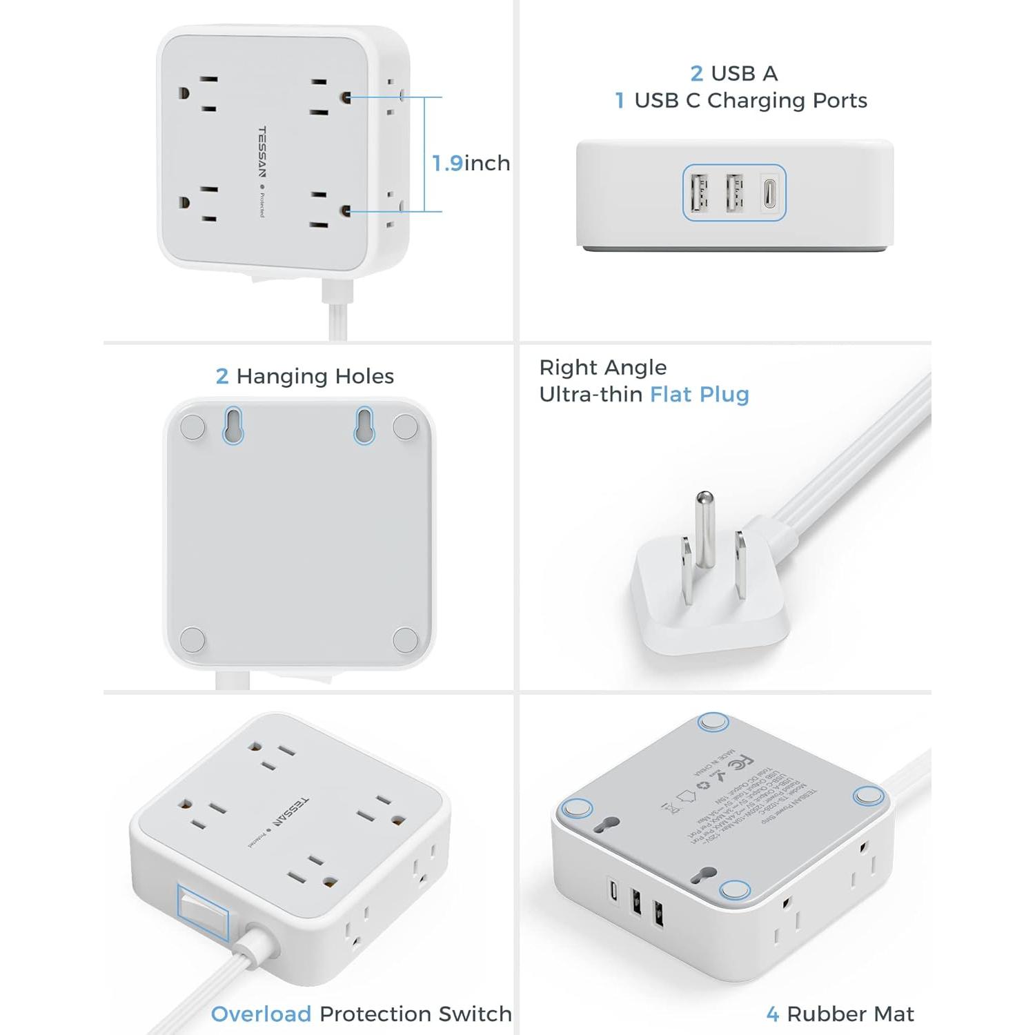 Regleta de Sobretensión TESSAN 10 Pies 8 Salidas 3 USB
