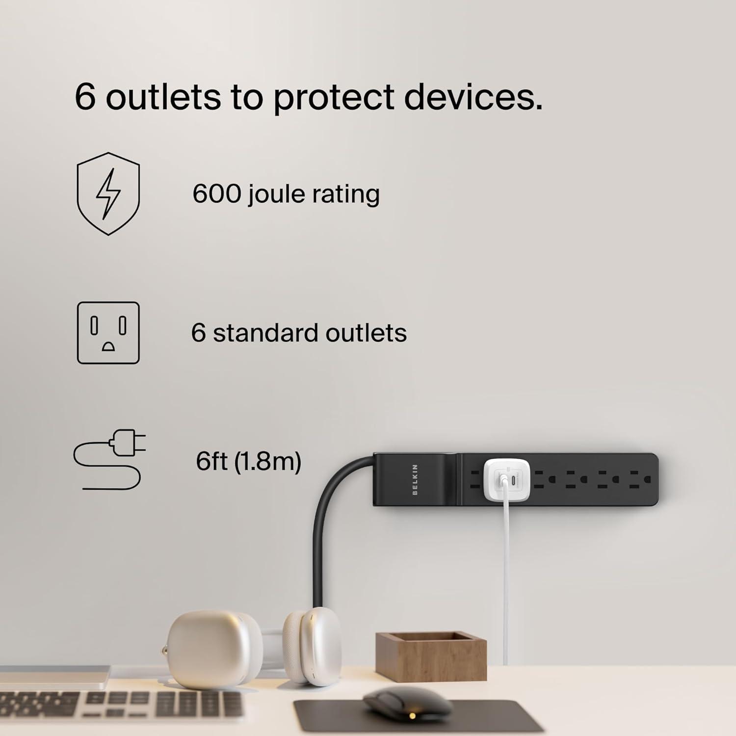 Protector de Sobretensión Belkin 6 Salidas AC 600 Julios 1.8M