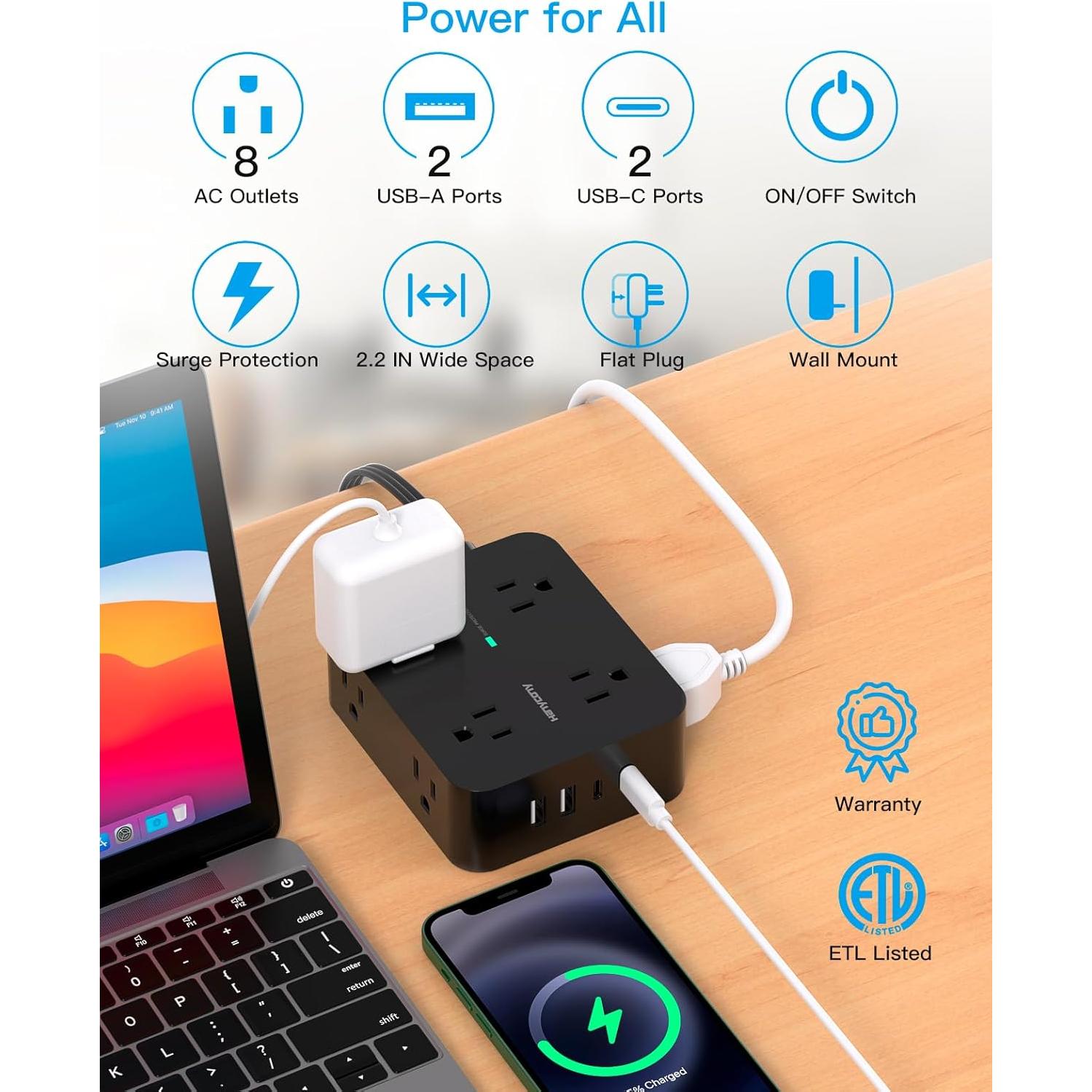 Regleta de Enchufe HANYCONY 8 Salidas y 4 USB-C 5 Pies