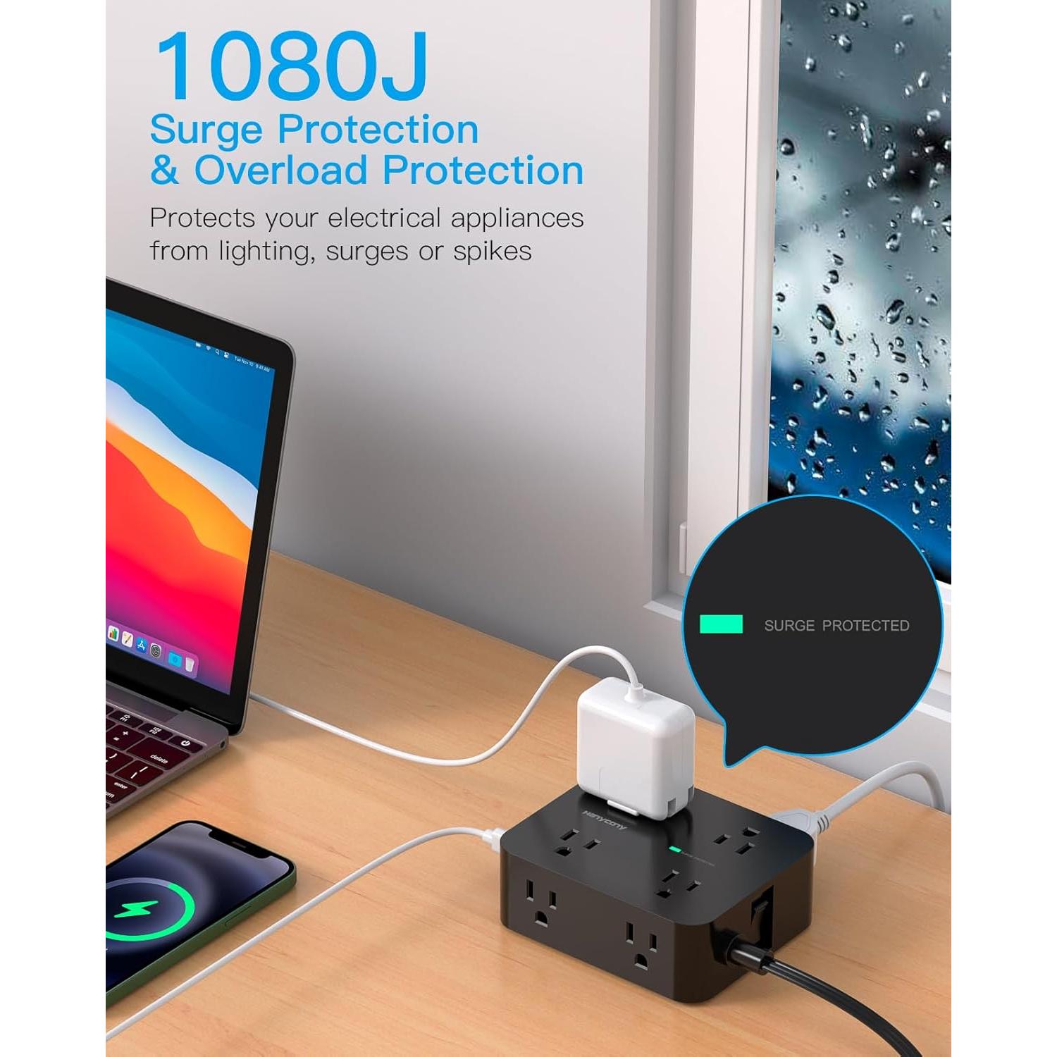 Regleta de Enchufe HANYCONY 8 Salidas y 4 USB-C 5 Pies