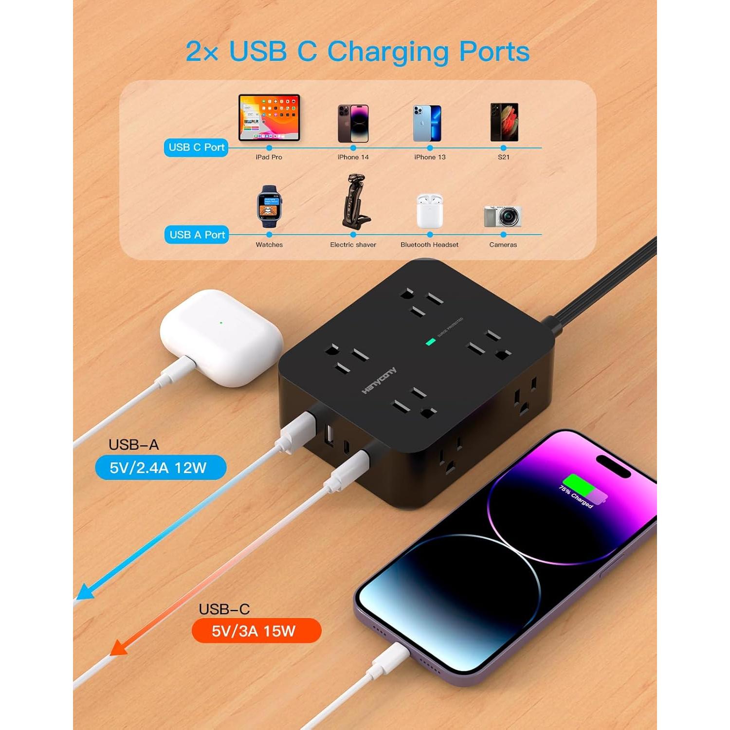 Regleta de Enchufe HANYCONY 8 Salidas y 4 USB-C 5 Pies
