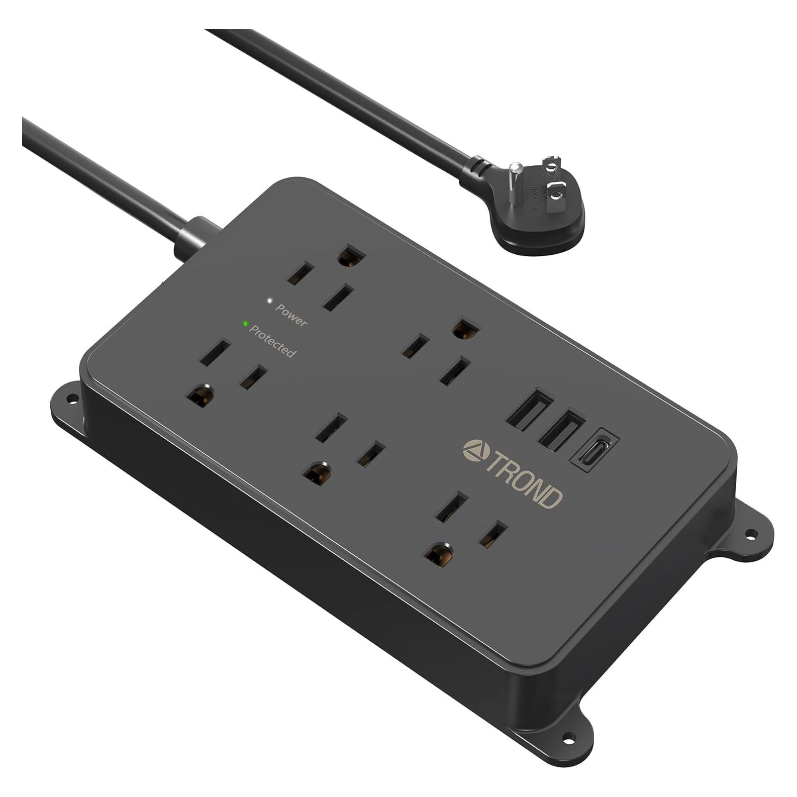 Regleta TROND con 5 Salidas y 3 Puertos USB, 1.5m, Negro