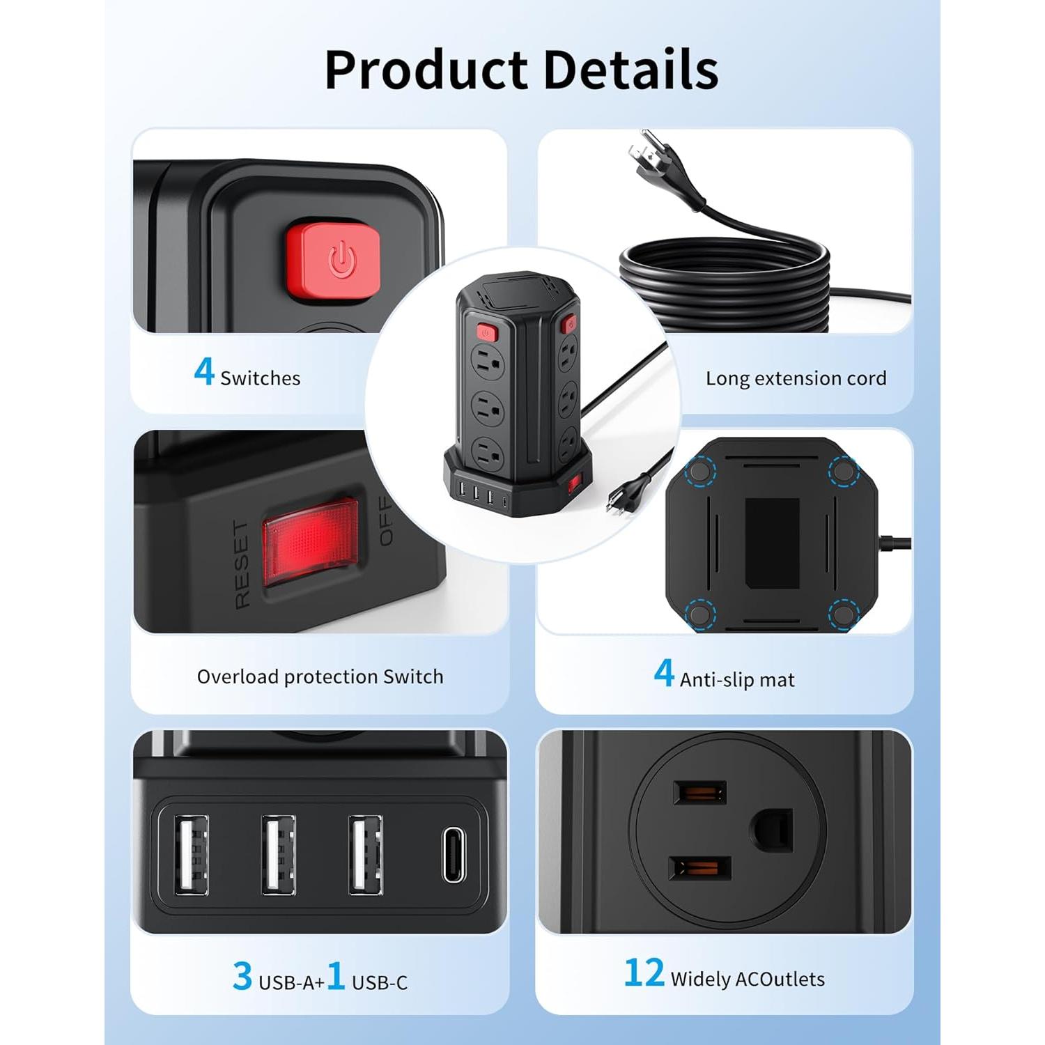 Regleta de Sobretensión SMALLRT 12 Salidas 4 USB 1.98 m Negro