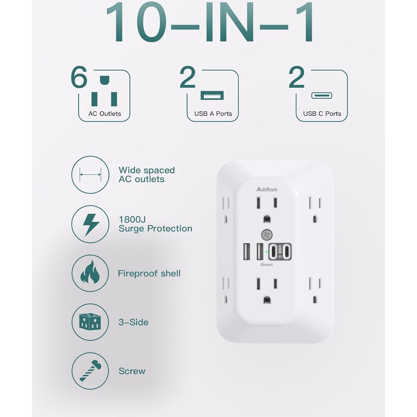 Extensor de Enchufe Addtam 6 AC + 2 USB-C 1800J Protección