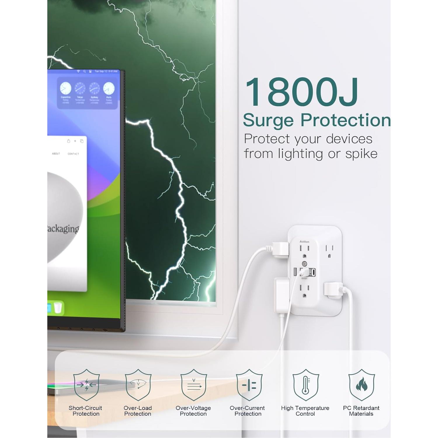 Extensor de Enchufe Addtam 6 AC + 2 USB-C 1800J Protección