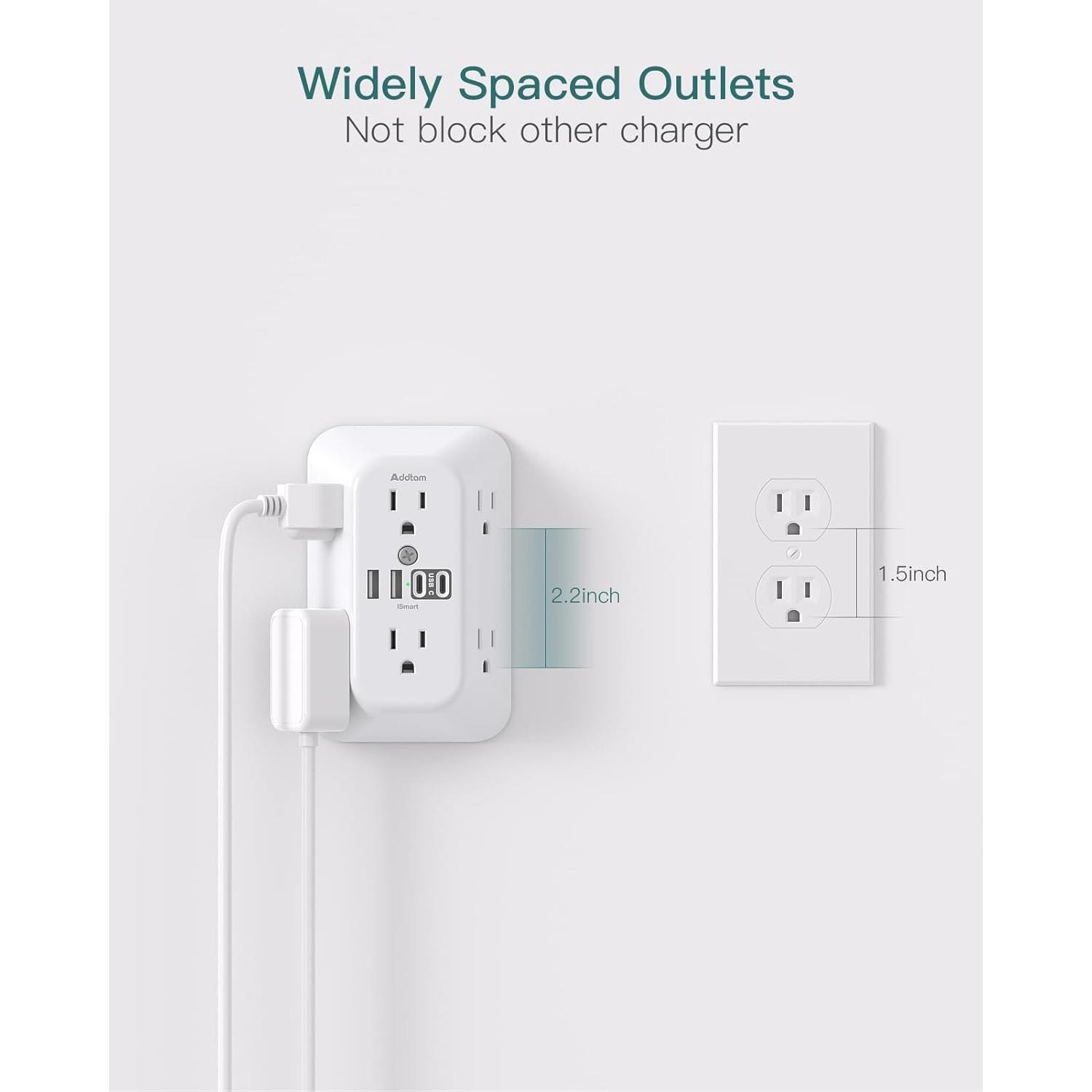 Extensor de Enchufe Addtam 6 AC + 2 USB-C 1800J Protección